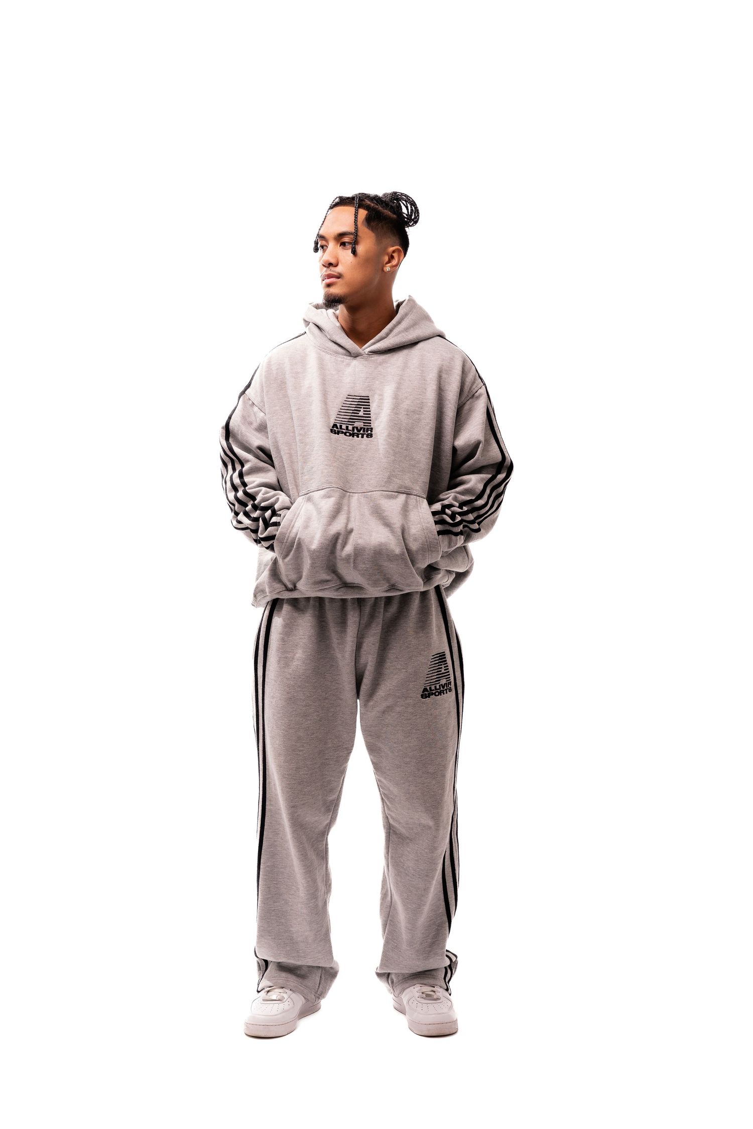 Grey sweatsuit with striped sleeves shown from multiple angles on white background.