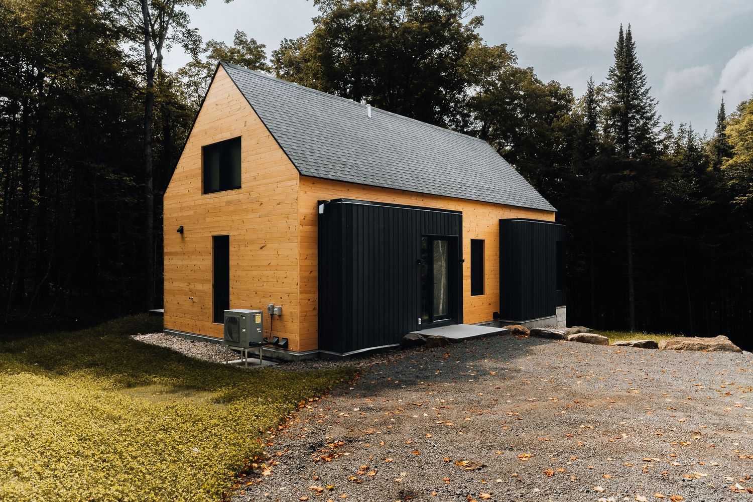 Minimalist wooden cabin with black accents surrounded by forest trees.