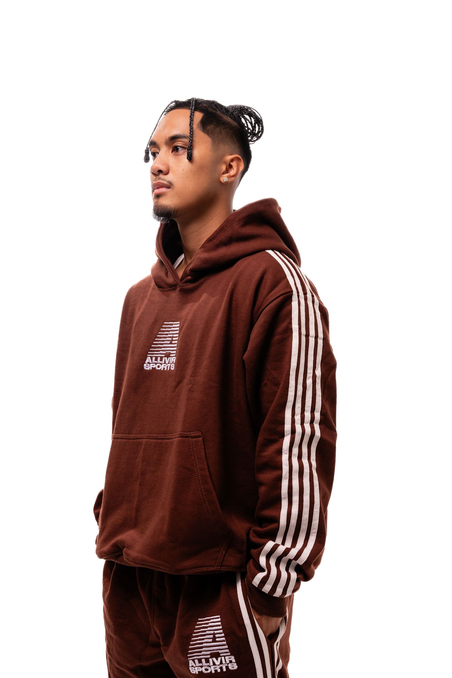 Brown hooded sweatshirt with striped sleeve detail shown from different angles.