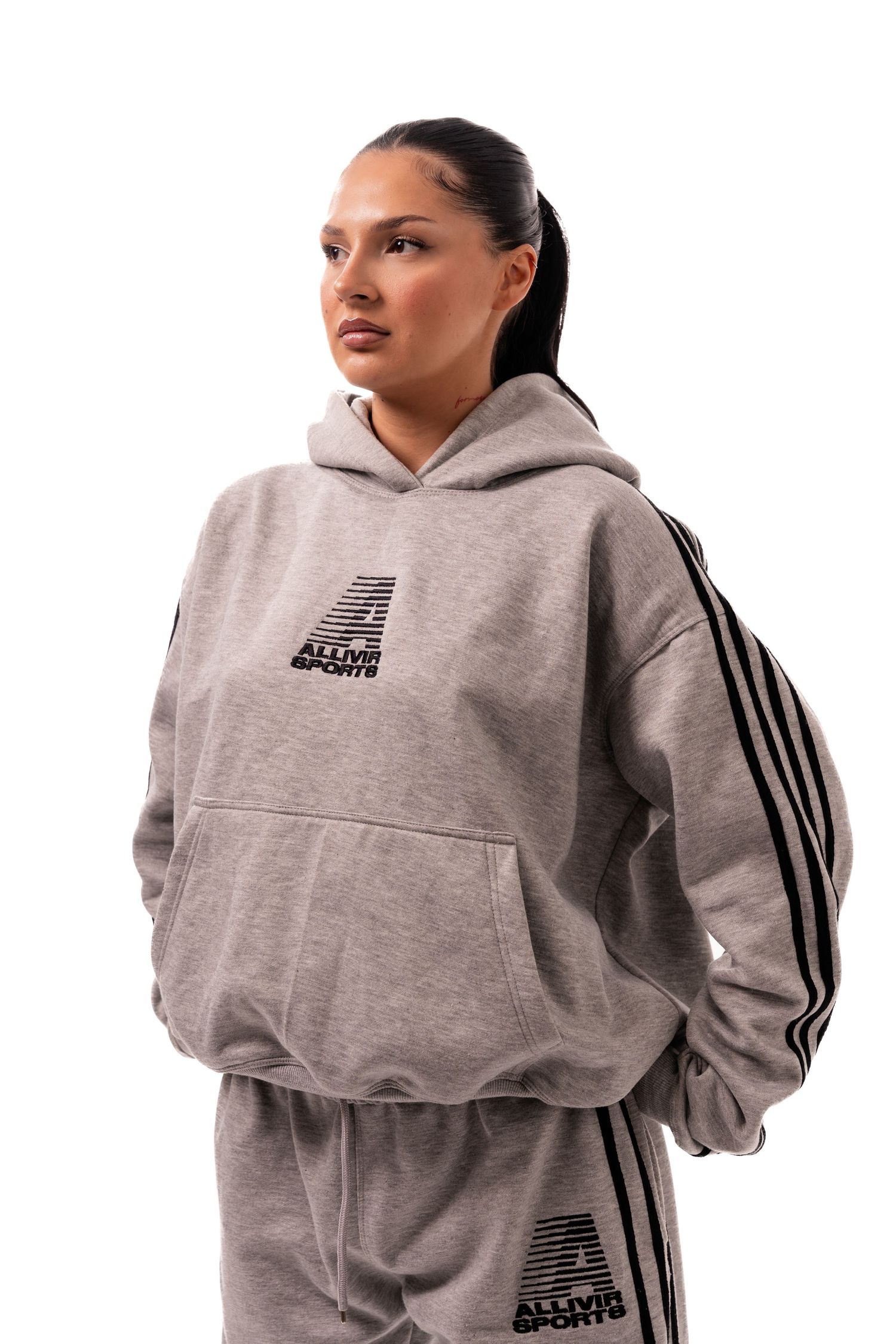 Grey hooded sweatshirt with striped sleeves shown from multiple angles.