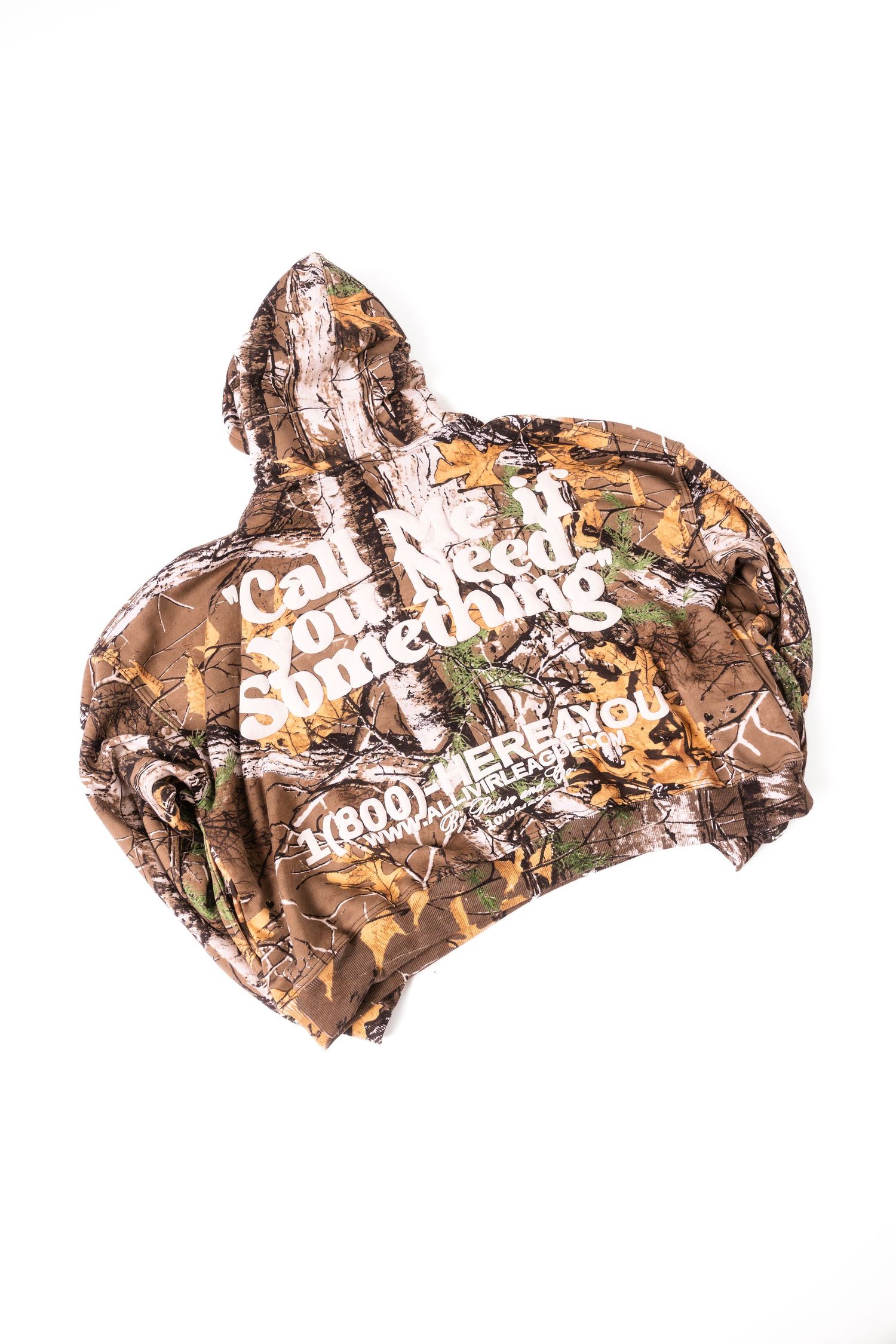 Camouflage pattern hoodie with white retro text design and phone number.