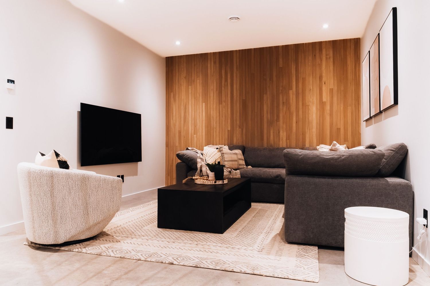 Modern minimalist living space with white walls, wooden accents, and sleek black furniture creates a contemporary aesthetic.