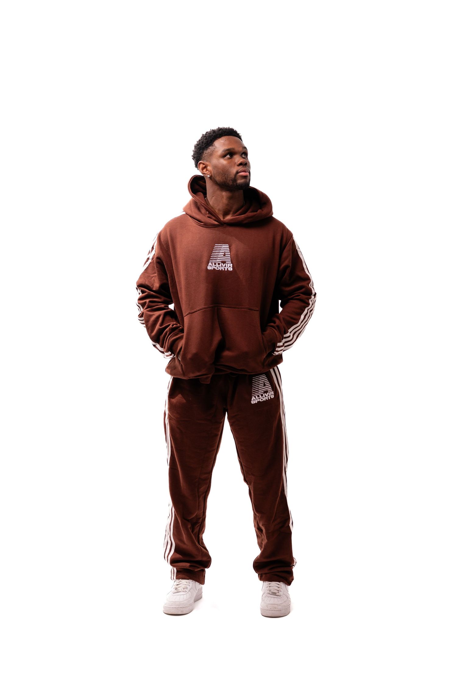 Brown hooded sweatsuit with stripe details displayed from various angles.
