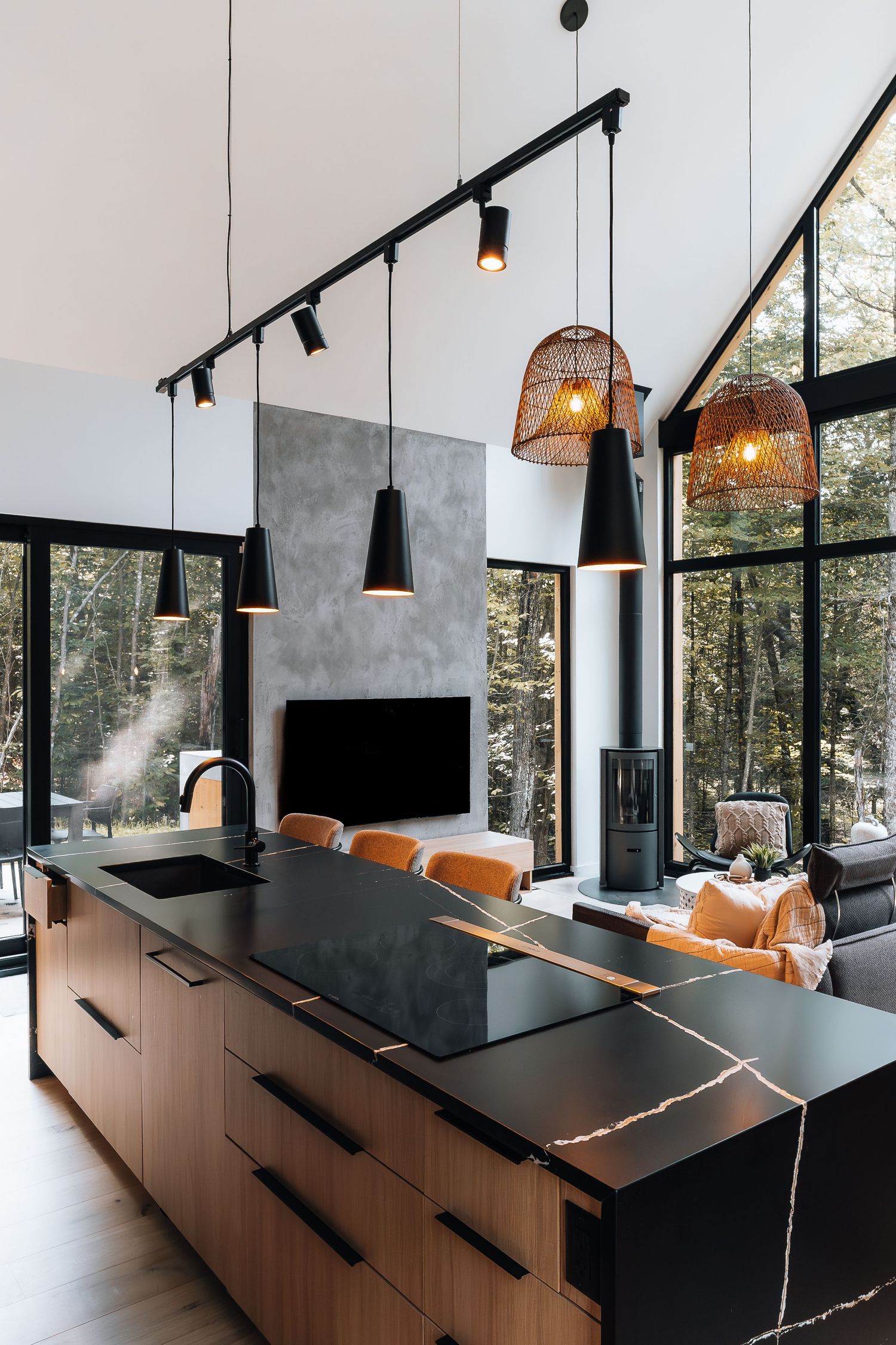 Modern kitchen with black countertops, track lighting, and sleek cabinetry showcases contemporary design.