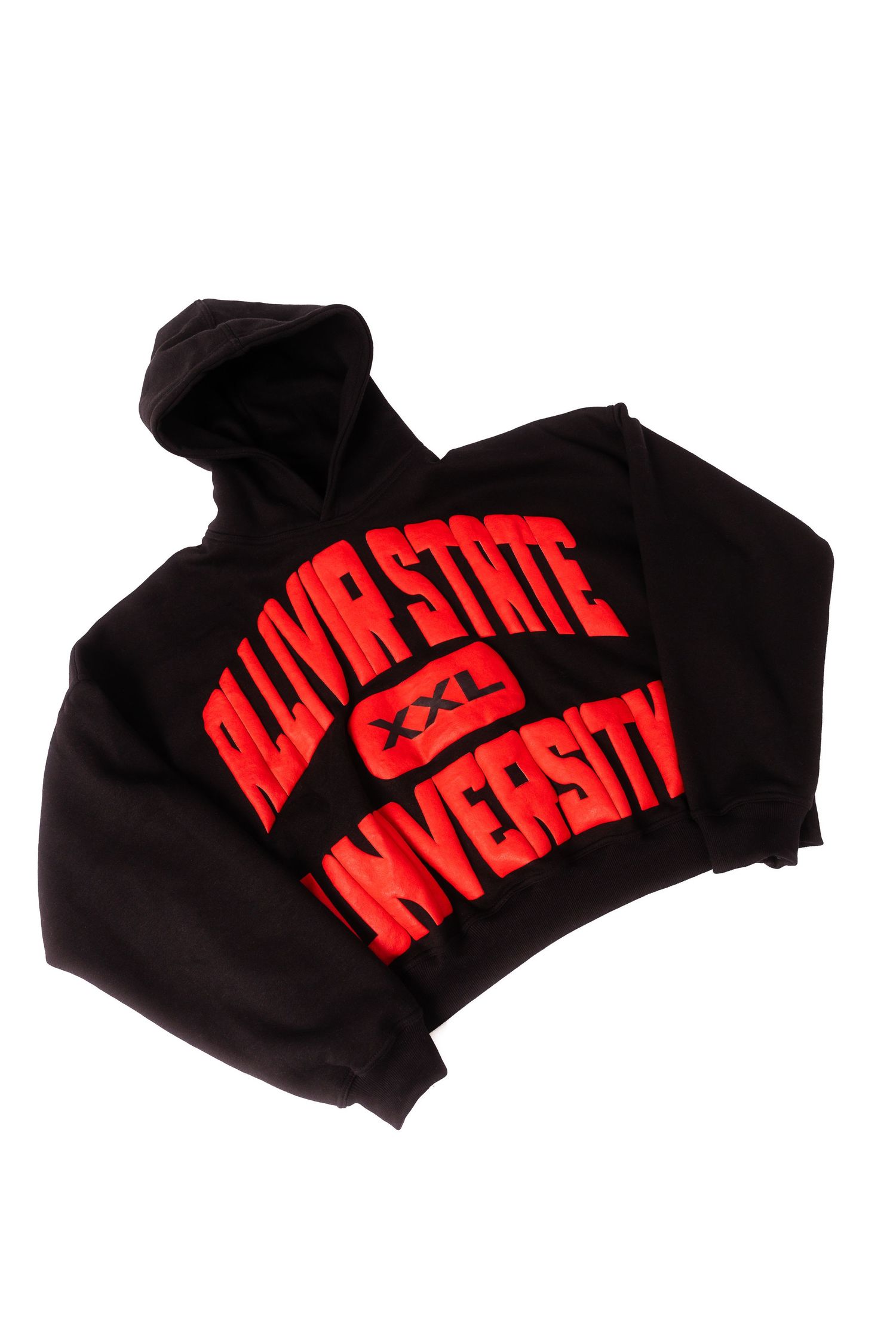 Black collegiate hoodie with red Delaware State University XXL text.