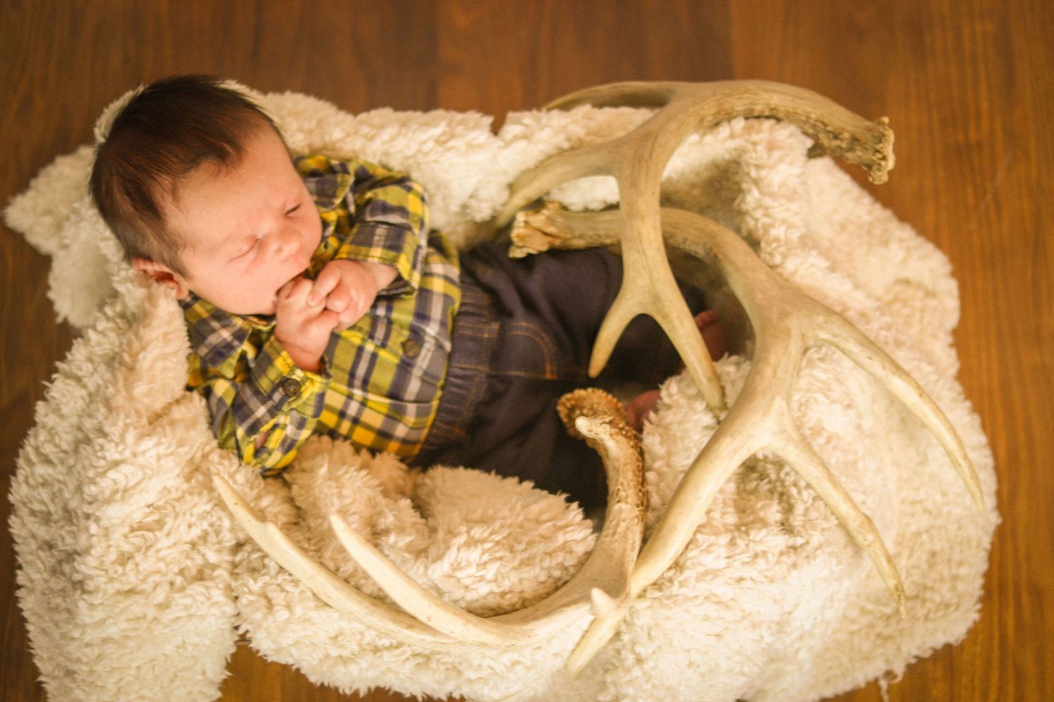 Newborn boy with deer antlers