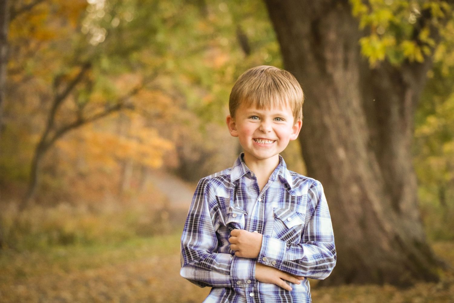 Iowa boy in the fall trees