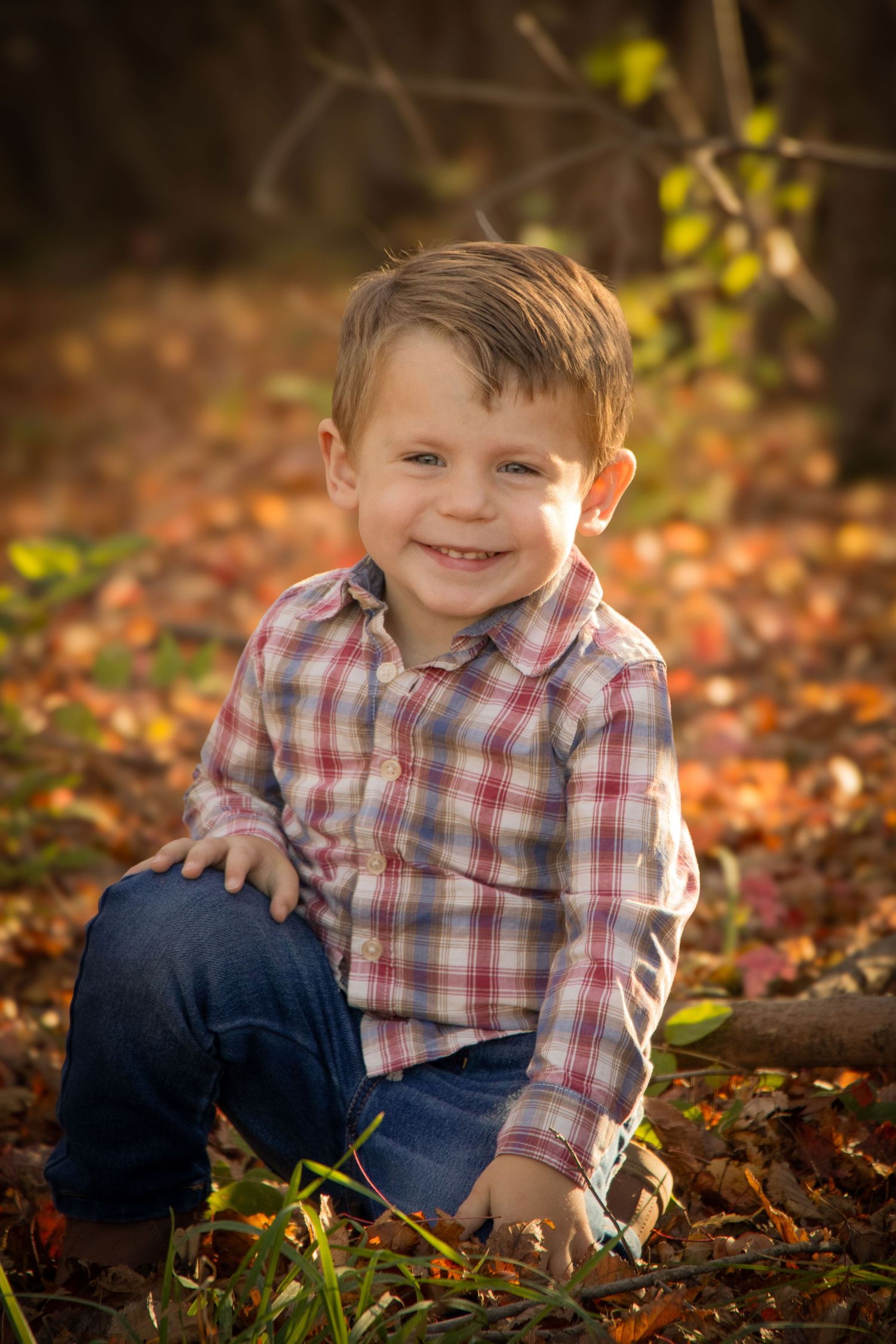 Toddler boy in fall leaves