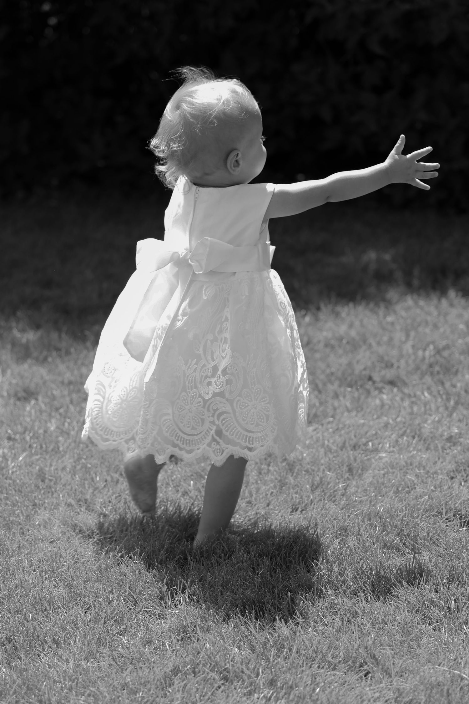 A little girl in a white lace dress spreads her arms wide while standing joyfully in sunlit grass.