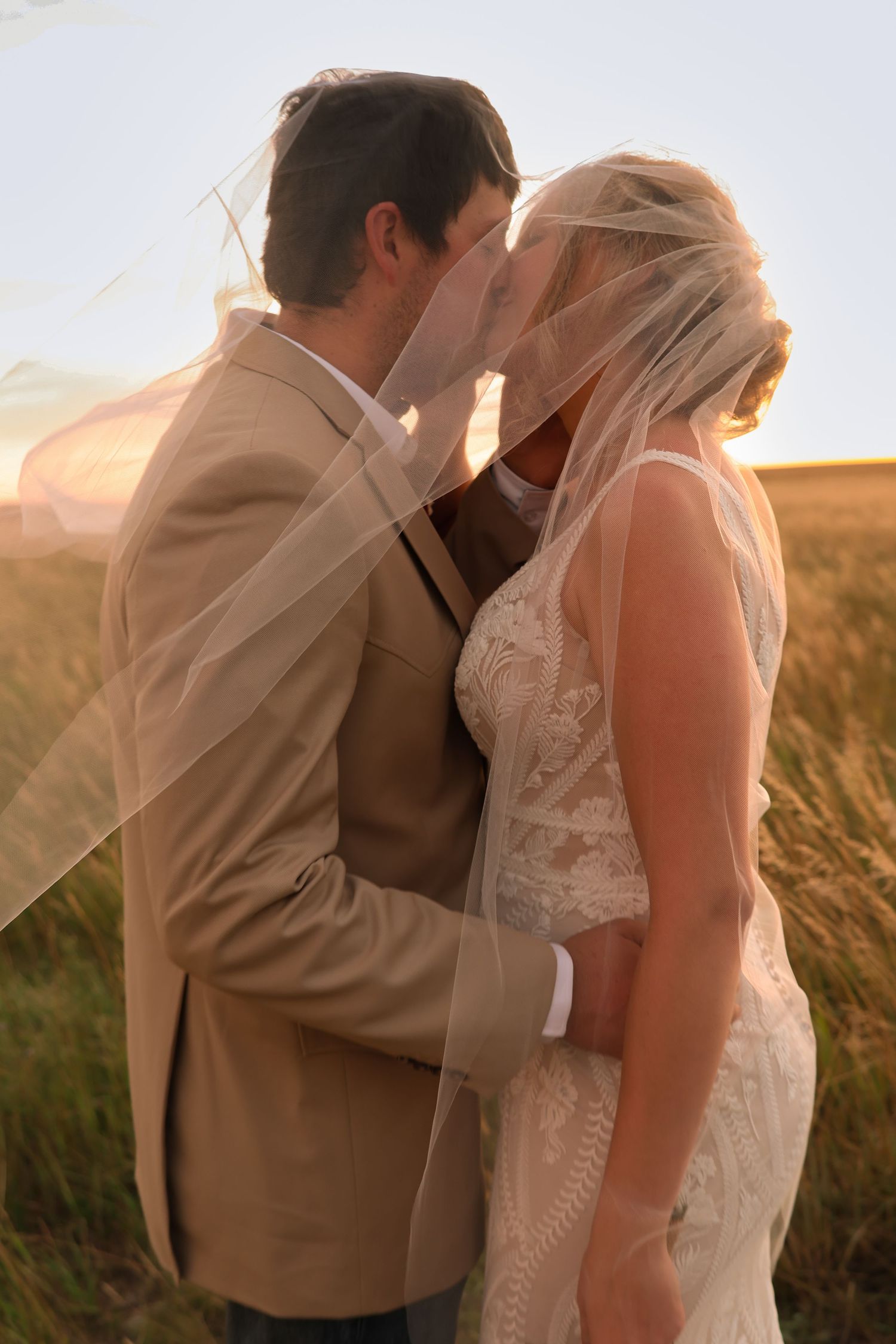 Newlywed couple embraces in golden wheat field at sunset, bride wearing lace dress with flowing veil.
