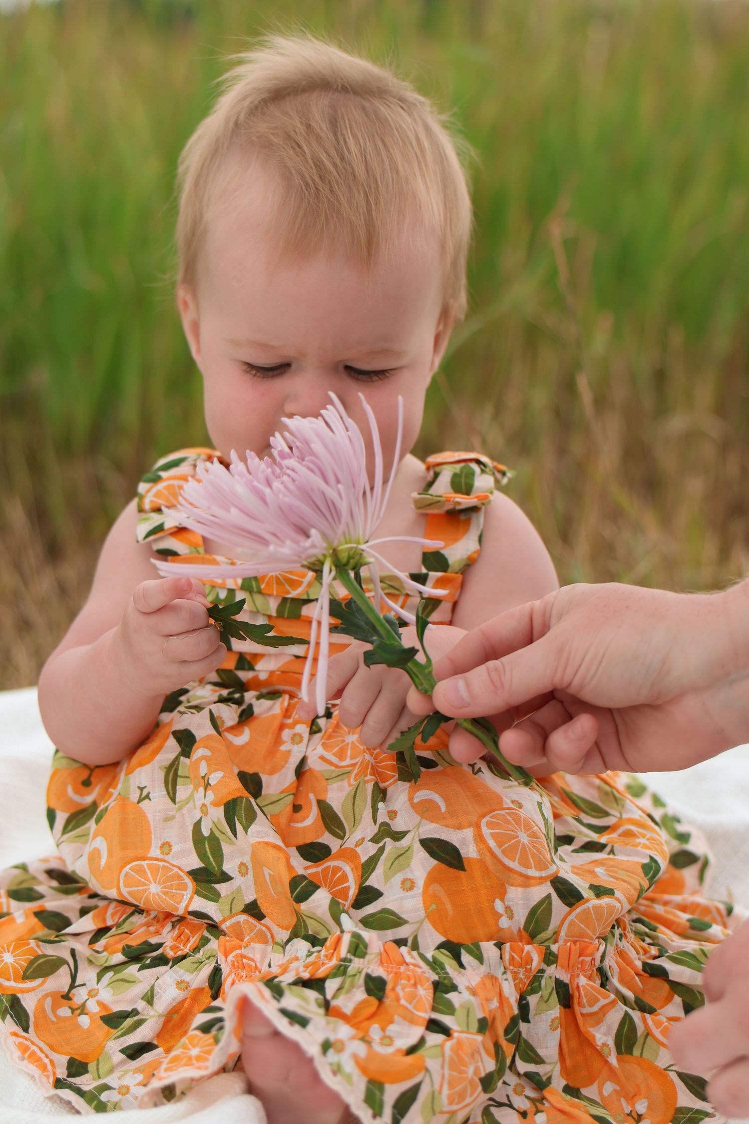 A series of photos showing a baby in an orange floral dress touching a pink flower in an outdoor setting.