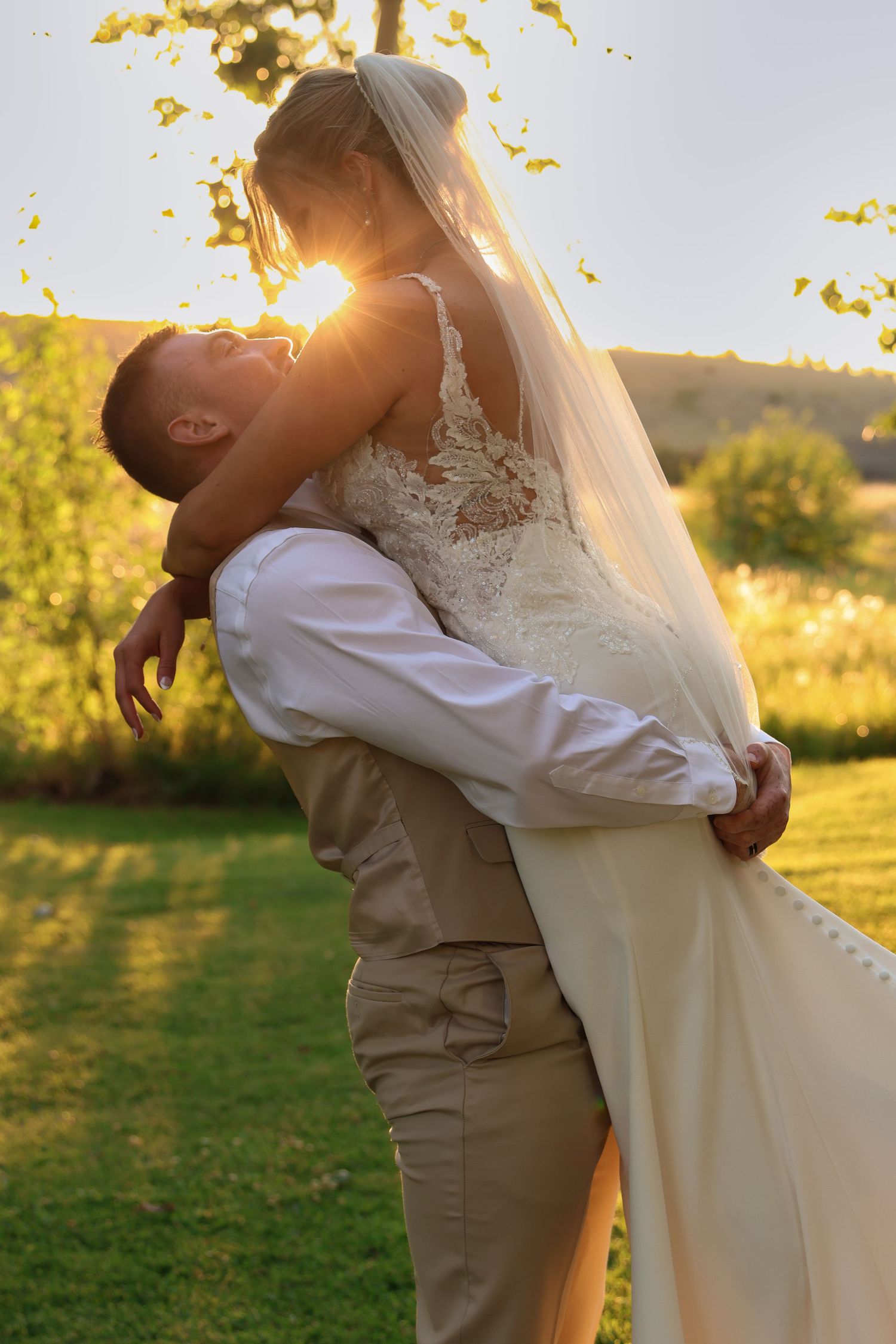 A romantic sunset wedding photo sequence shows a couple embracing in a golden-lit meadow.