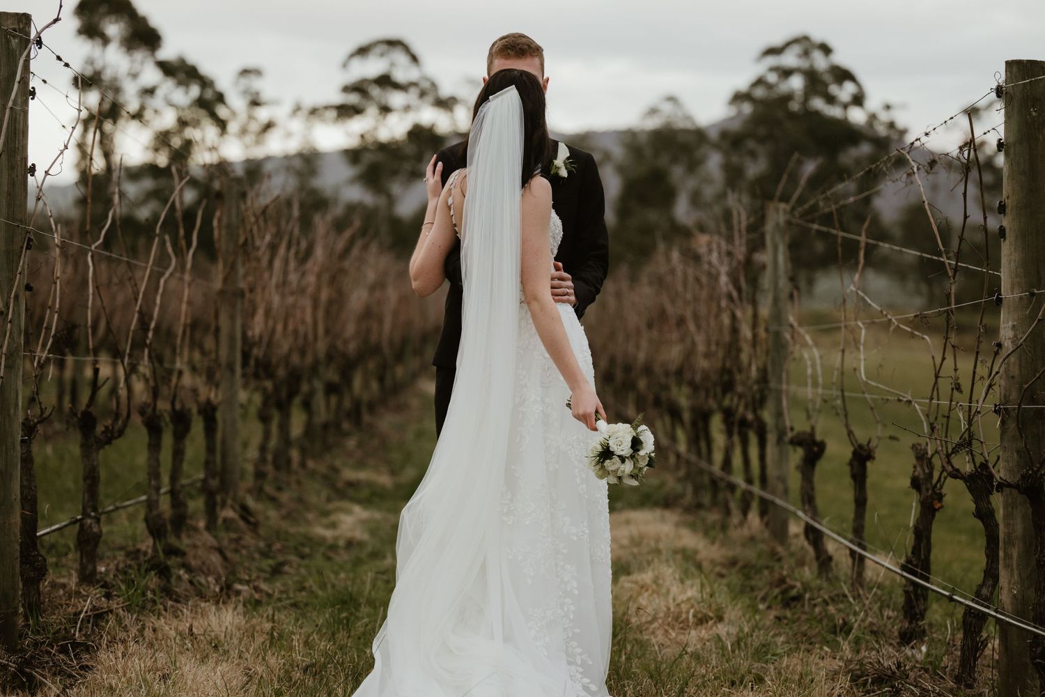 The couple stands together among rustic grapevines at an outdoor winery setting.