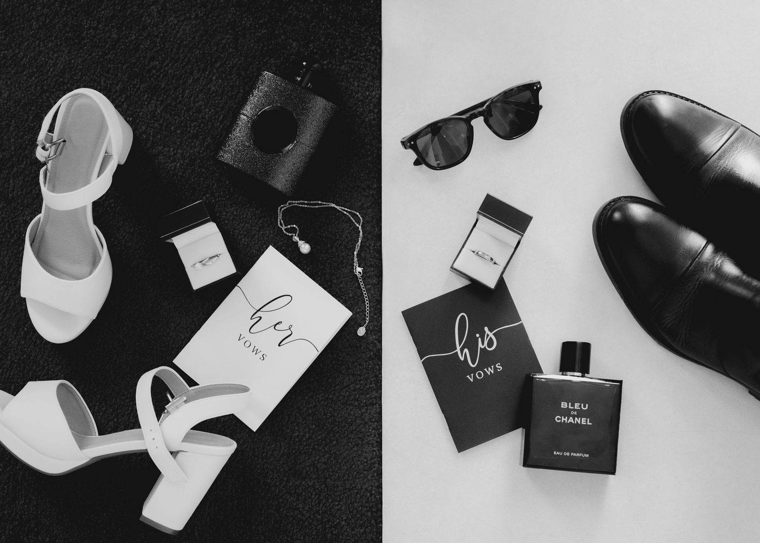 Black and white photo series showing minimalist product photography of fashion accessories and jewelry items.