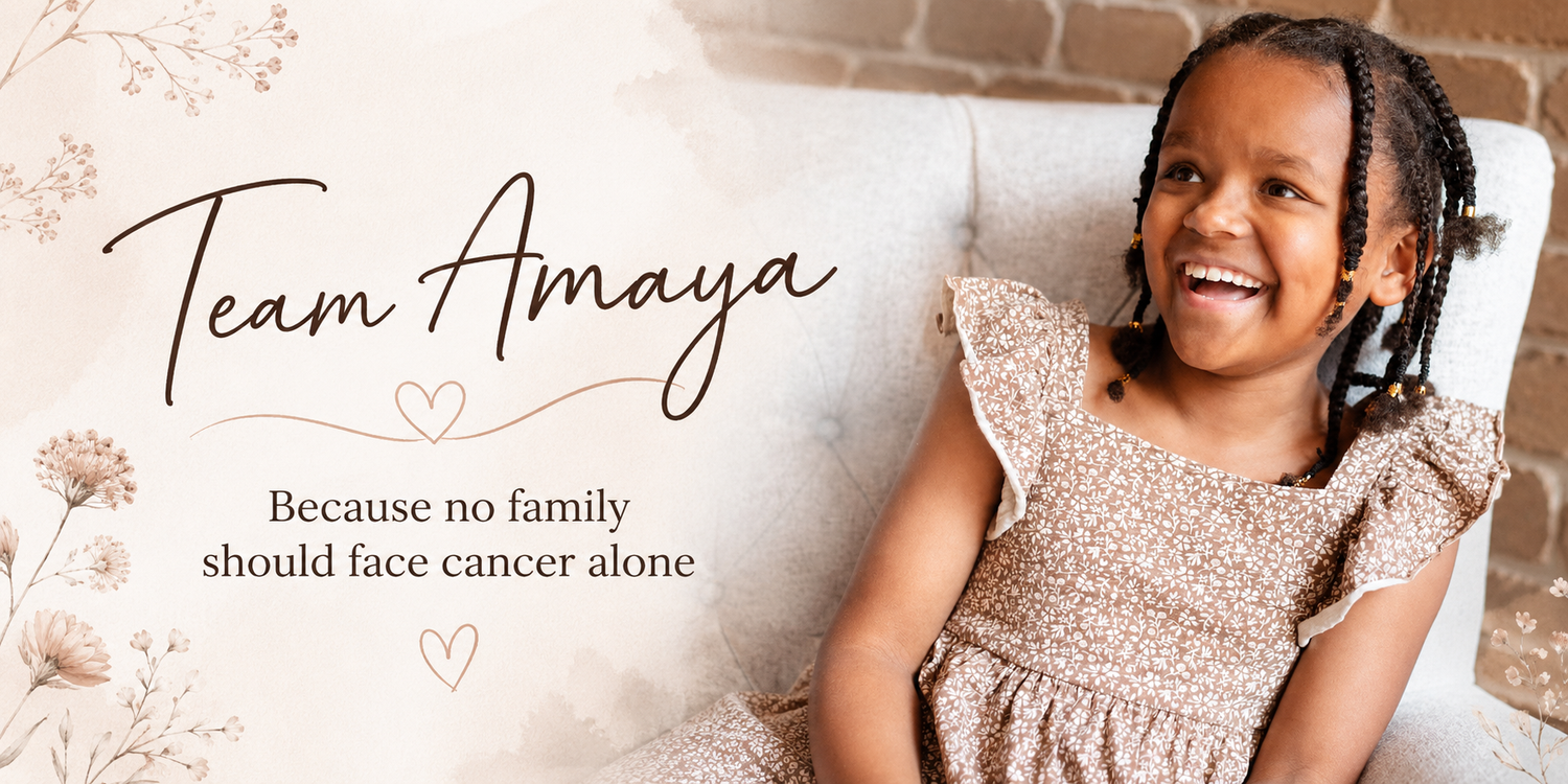 A smiling young girl in a floral dress beside Team Amaya cancer support banner with tagline no family should face cancer alone.