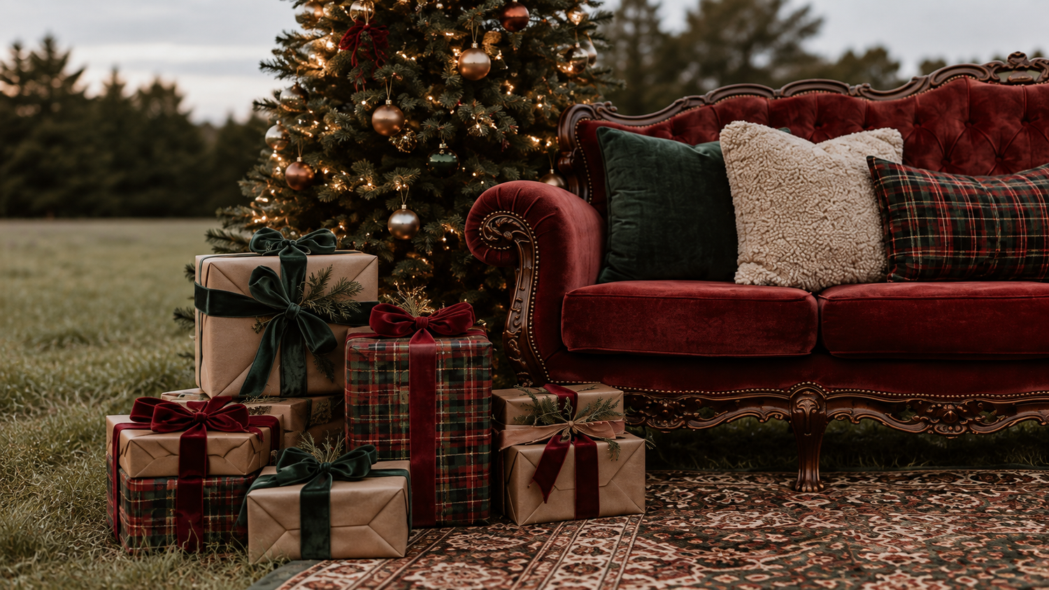 Red velvet sofa with plaid pillows beside a decorated Christmas tree and wrapped gifts on a snowy outdoor lawn.