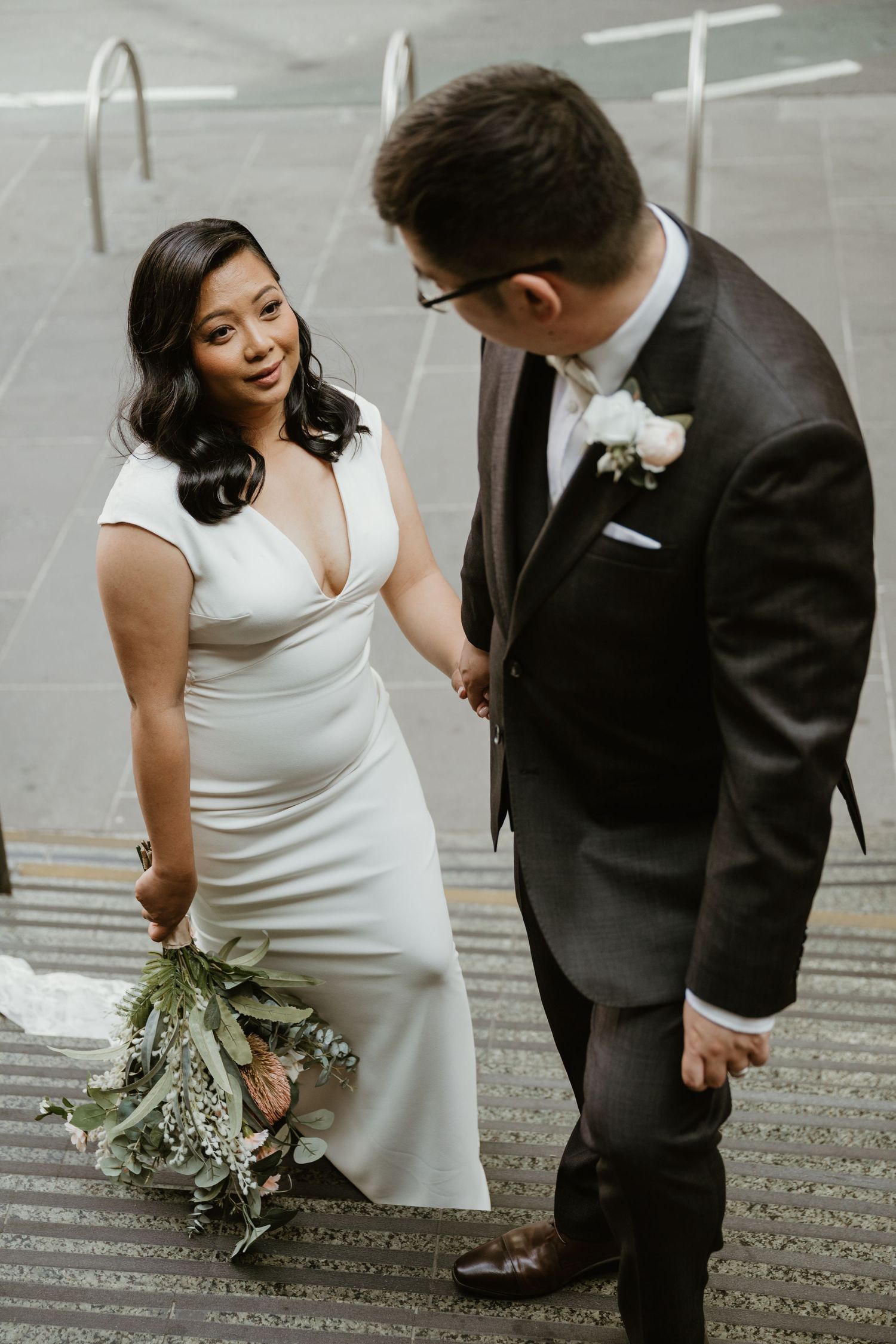 A series of candid wedding photos showing a couple in formal attire sharing sweet moments on their special day.