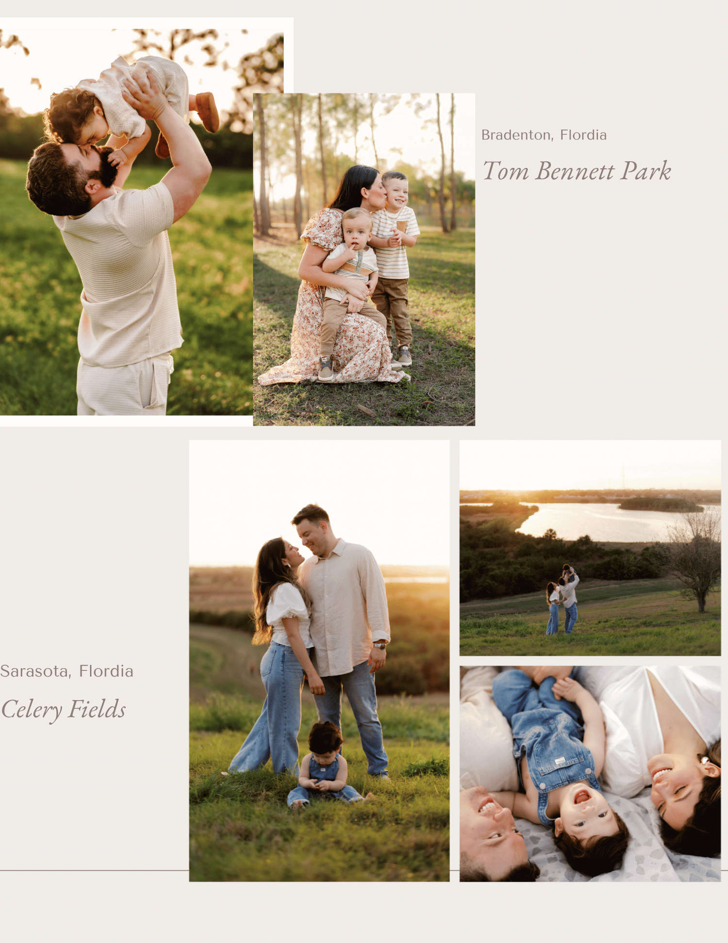 Family photo collage at Tom Bennett Park and Celery Fields in Florida, featuring outdoor portraits in golden light.