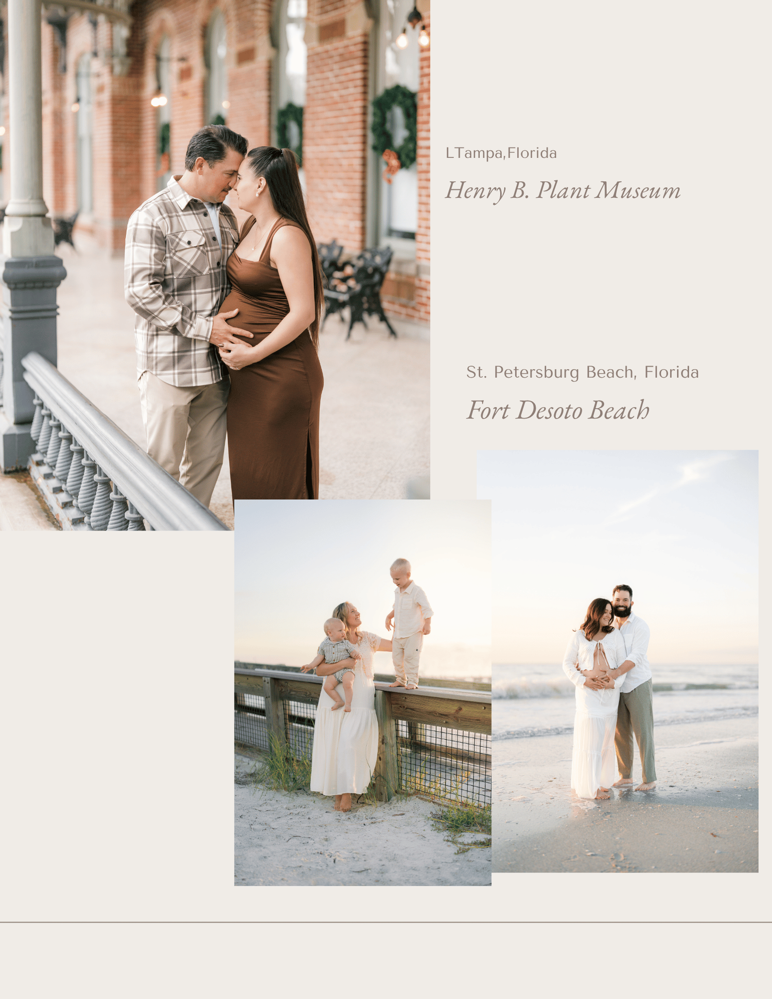 Maternity photo collage at Henry B. Plant Museum and Fort De Soto Beach, Florida, featuring a couple in warm tones.