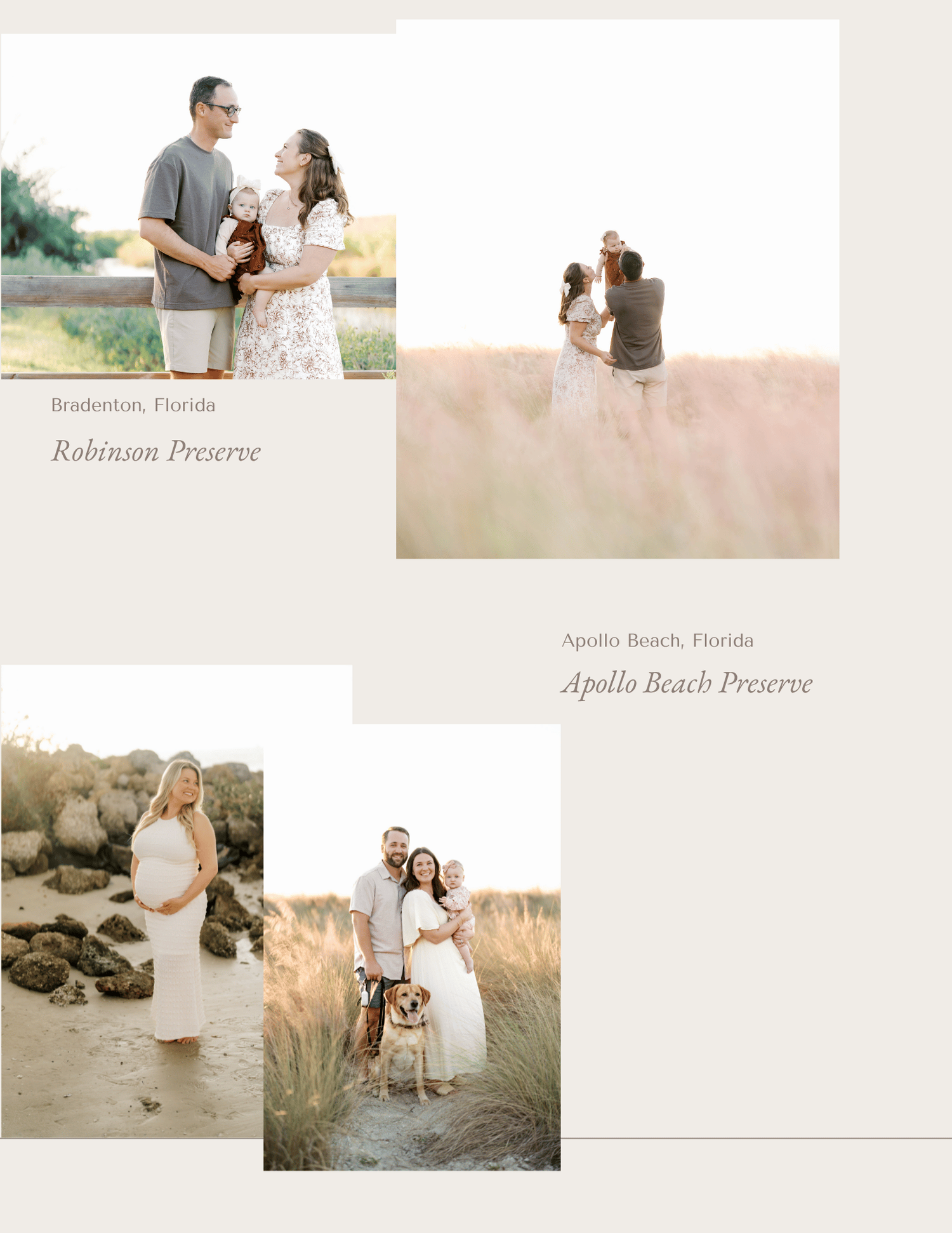 A family poses at Robinson Preserve in Bradenton, Florida, and Apollo Beach Preserve, featuring maternity and outdoor portraits.
