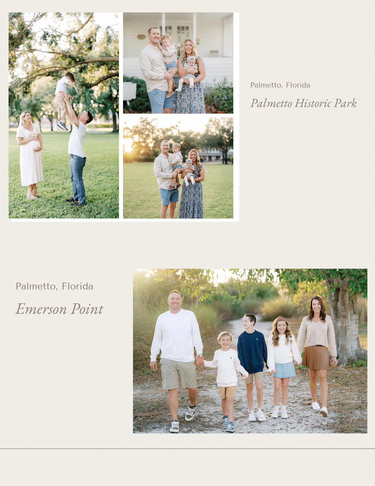 Family portrait session at Palmetto Historic Park and Emerson Point, Florida, featuring outdoor photos in natural settings.