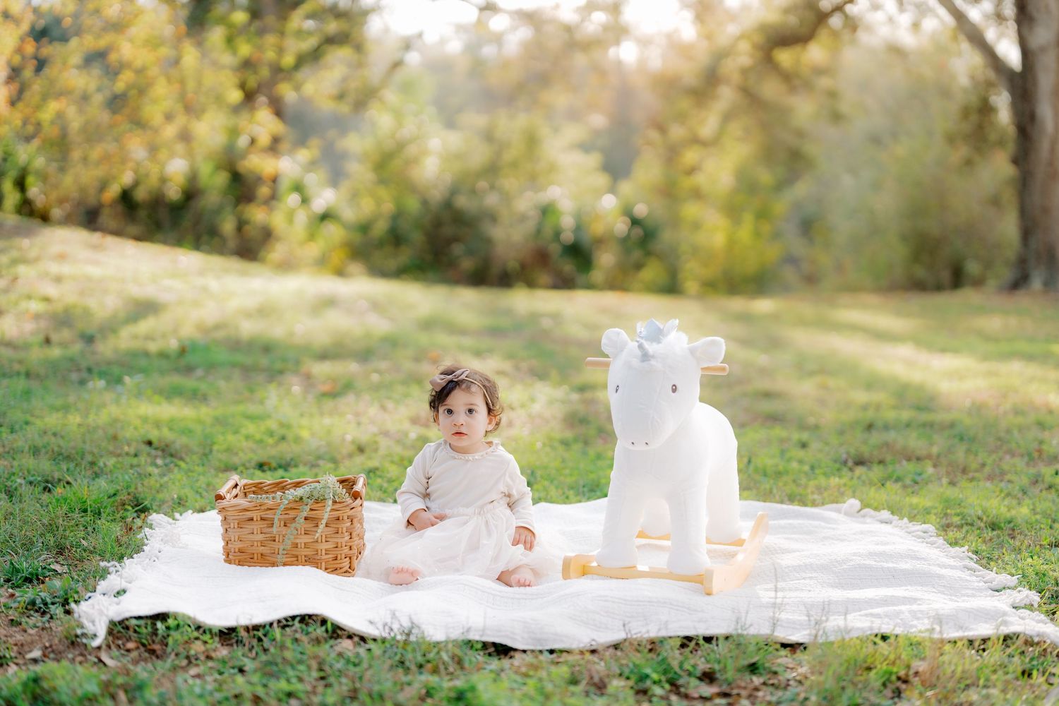A series of connected outdoor photos showing a white blanket laid on grass with a woven picnic basket in autumn scenery.