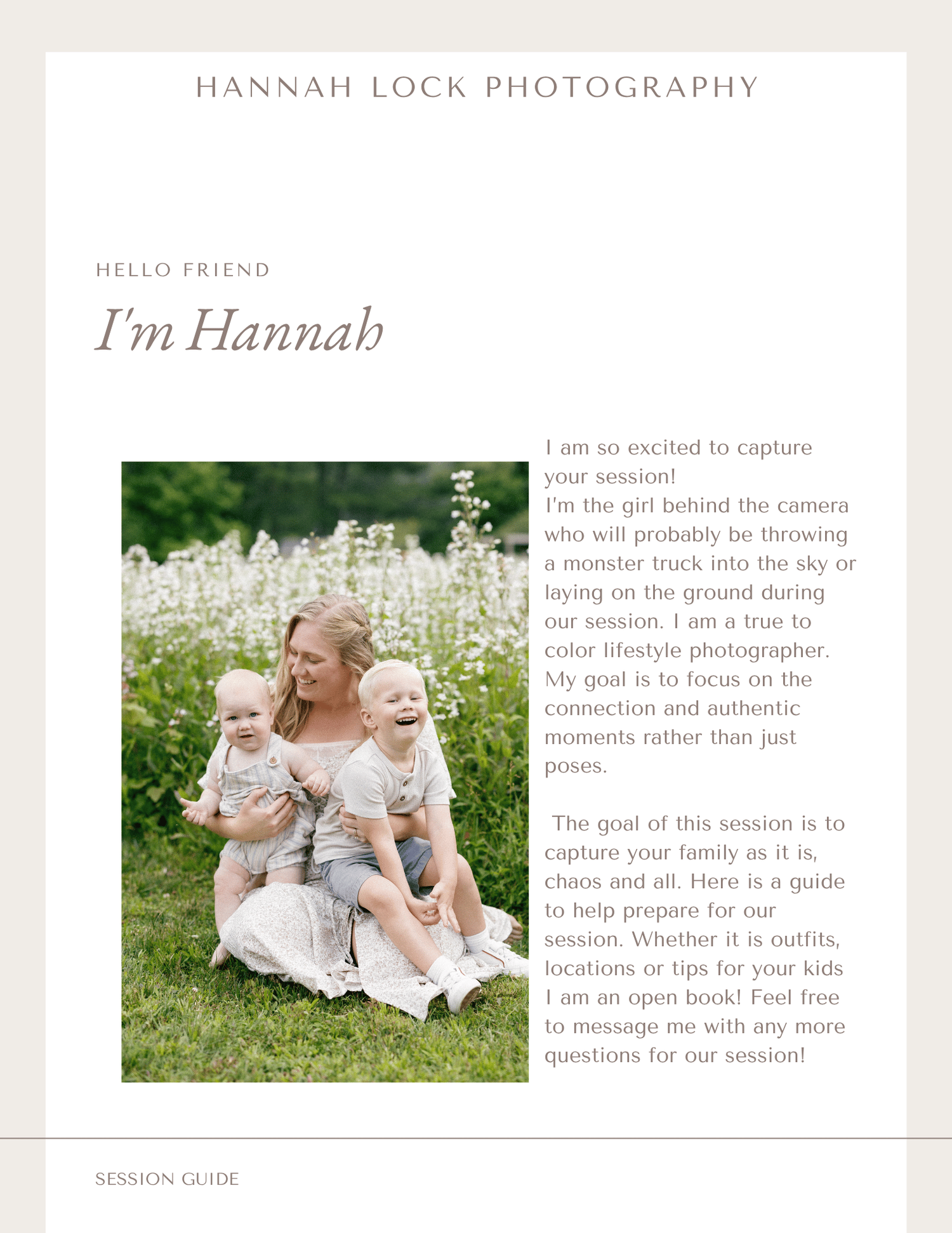 Hannah Lock Photography session guide featuring a smiling mother sitting outdoors with two young children in a green field.
