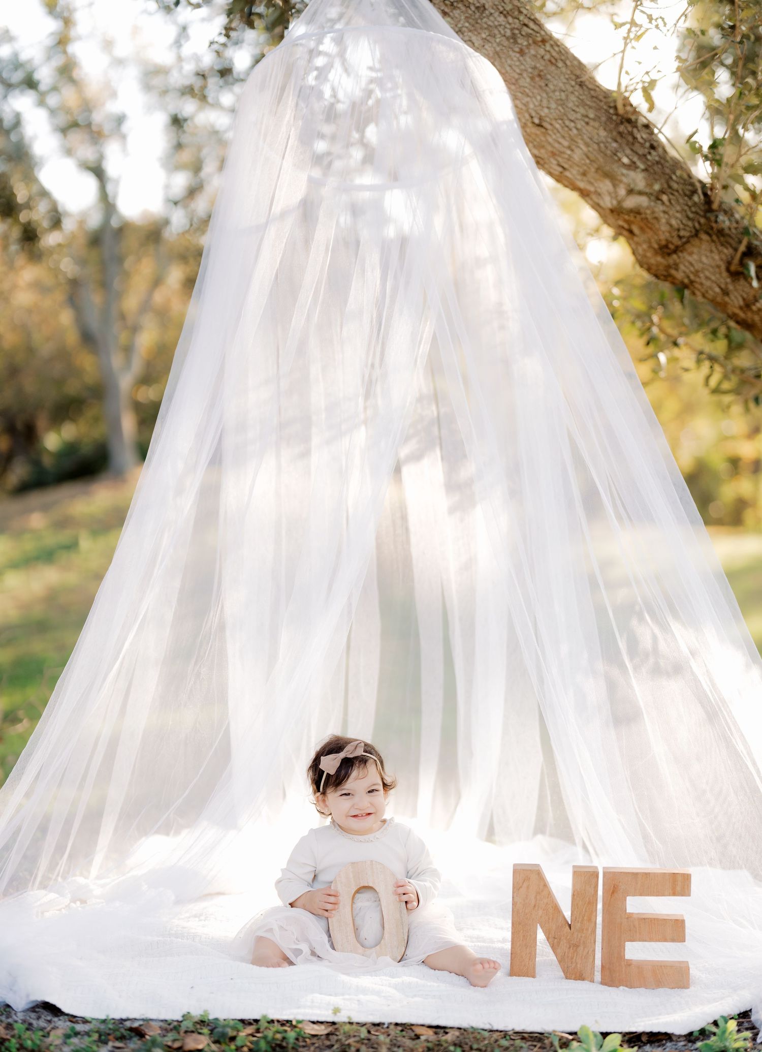 A baby sits under a flowing white canopy outdoors with wooden letters spelling ONE for a first birthday photoshoot.