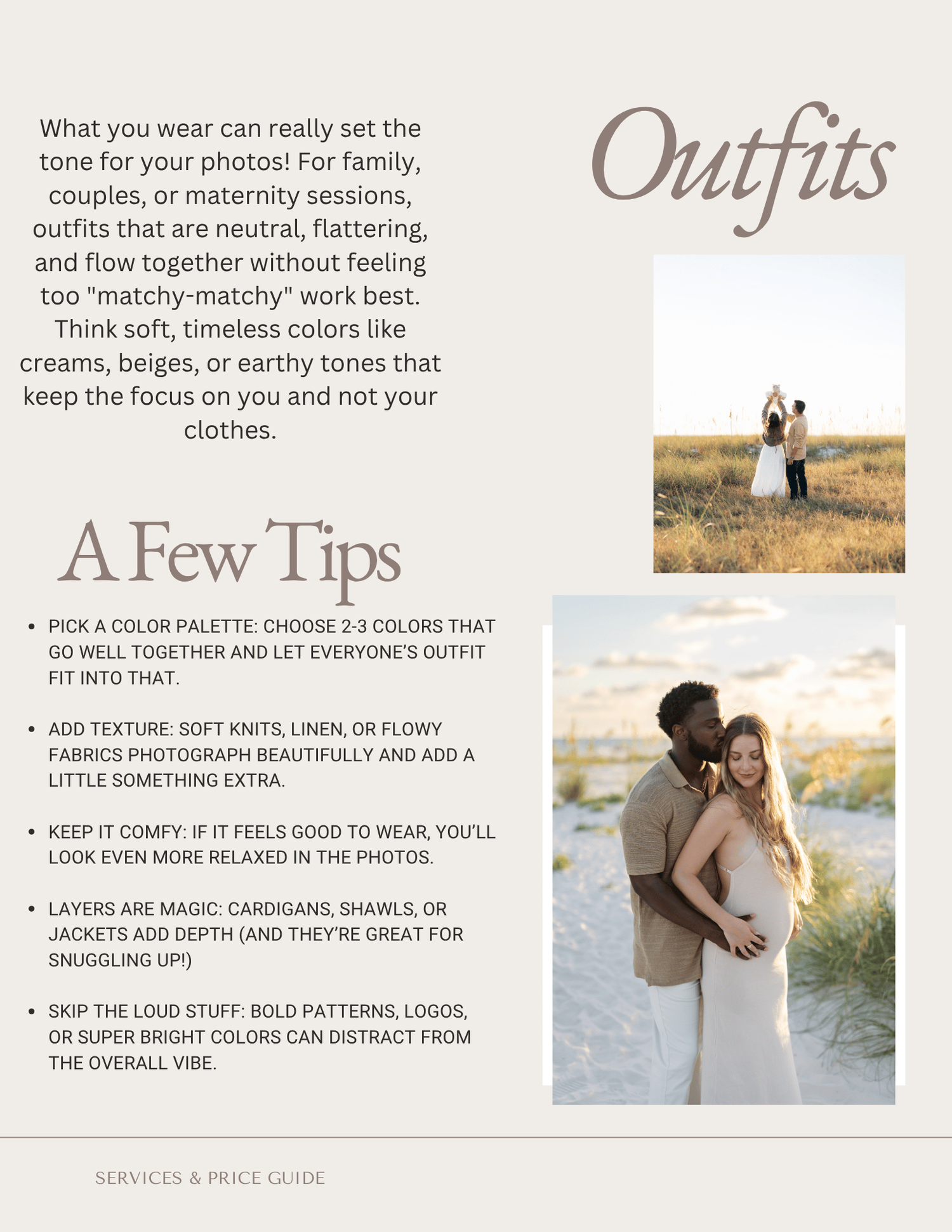 A couple embraces outdoors in neutral, earthy tones for a photography session, with outfit tips guide overlay.