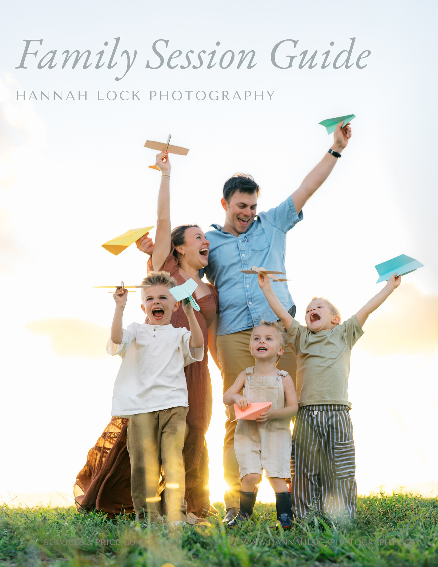 Family session guide cover showing joyful family of five playing with colorful paper airplanes outdoors at golden hour.