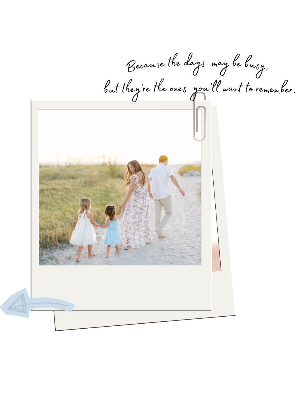A collection of soft-toned beach family photos arranged in an artistic layout on a white background.