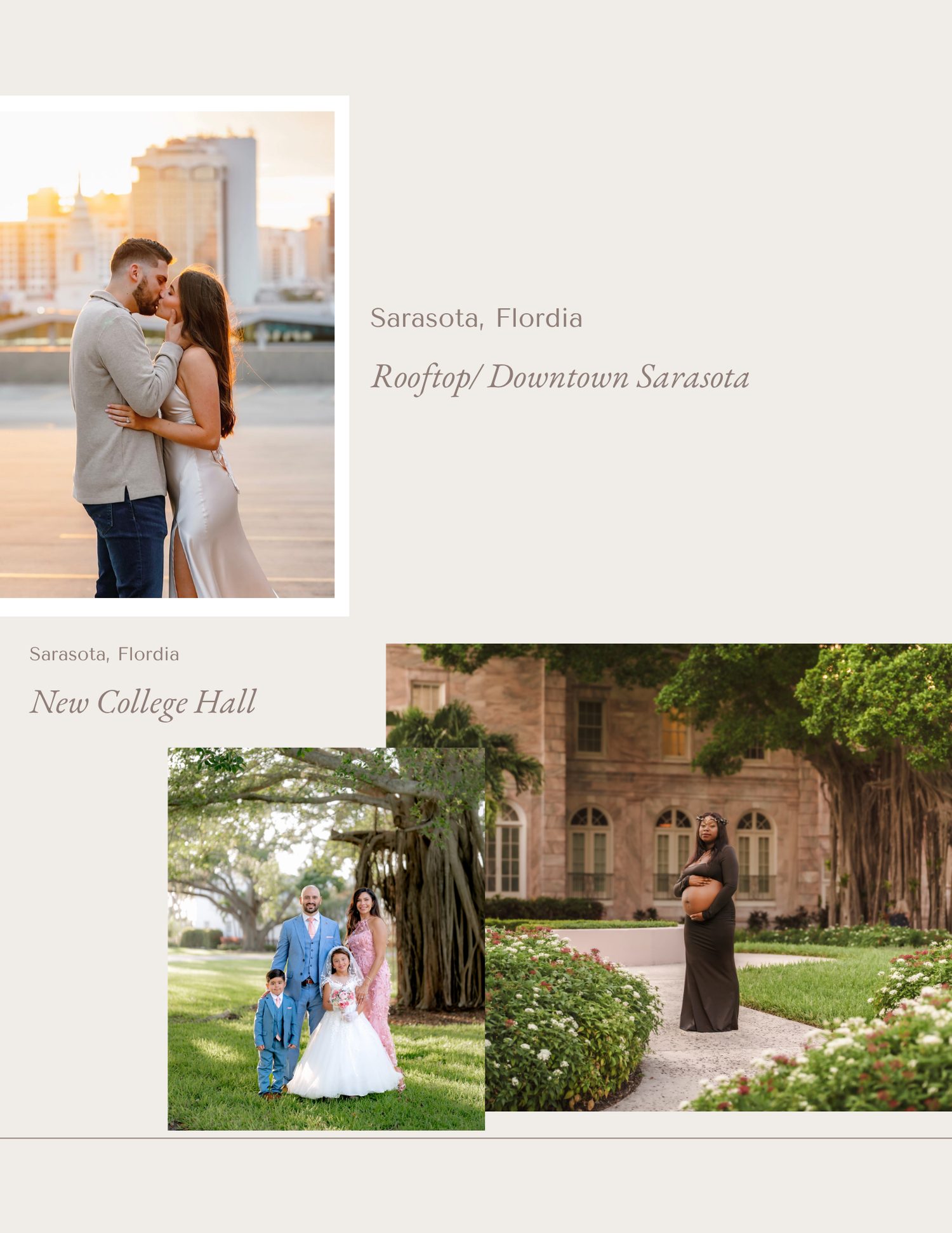 Couple embracing at golden hour on Sarasota rooftop with city skyline, family portrait at New College Hall historic building.