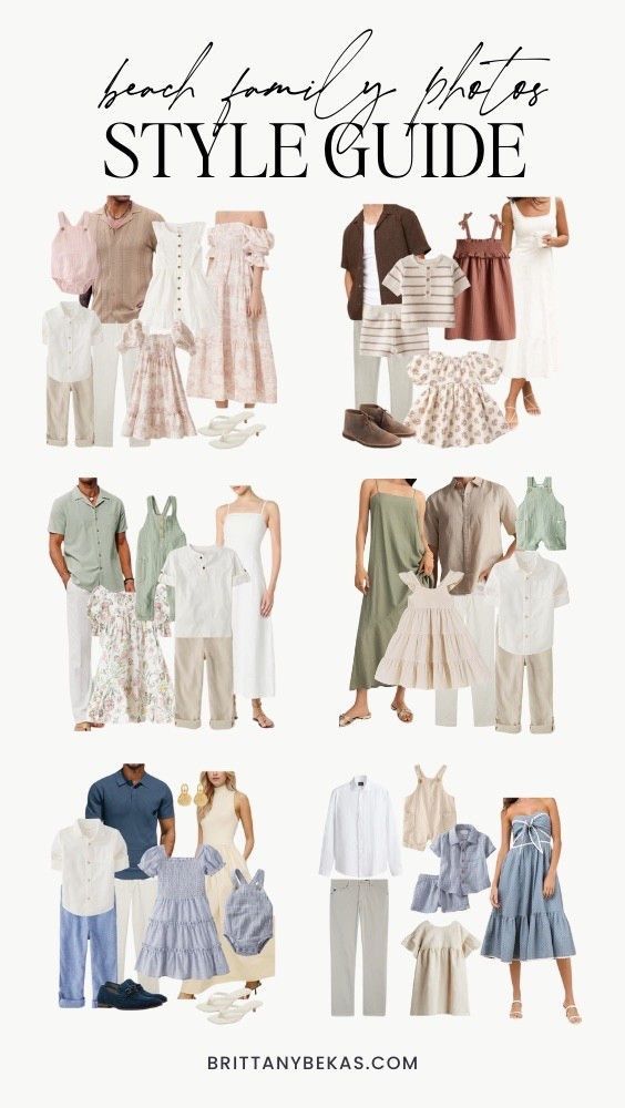 Coordinated family photo style guide showing neutral and pastel outfit combinations in blue, beige and sage green tones.