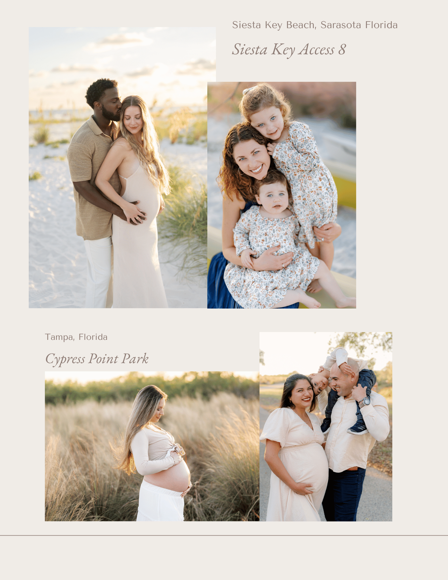 Maternity and family portrait collage at Siesta Key Beach and Cypress Point Park in Florida, featuring couples and children.