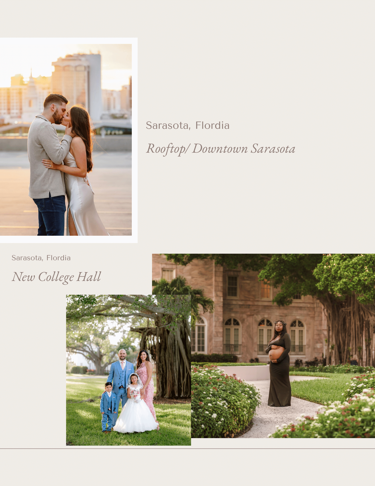 Couples embrace on a Sarasota rooftop at sunset, with a family portrait at New College Hall historic grounds in Florida.