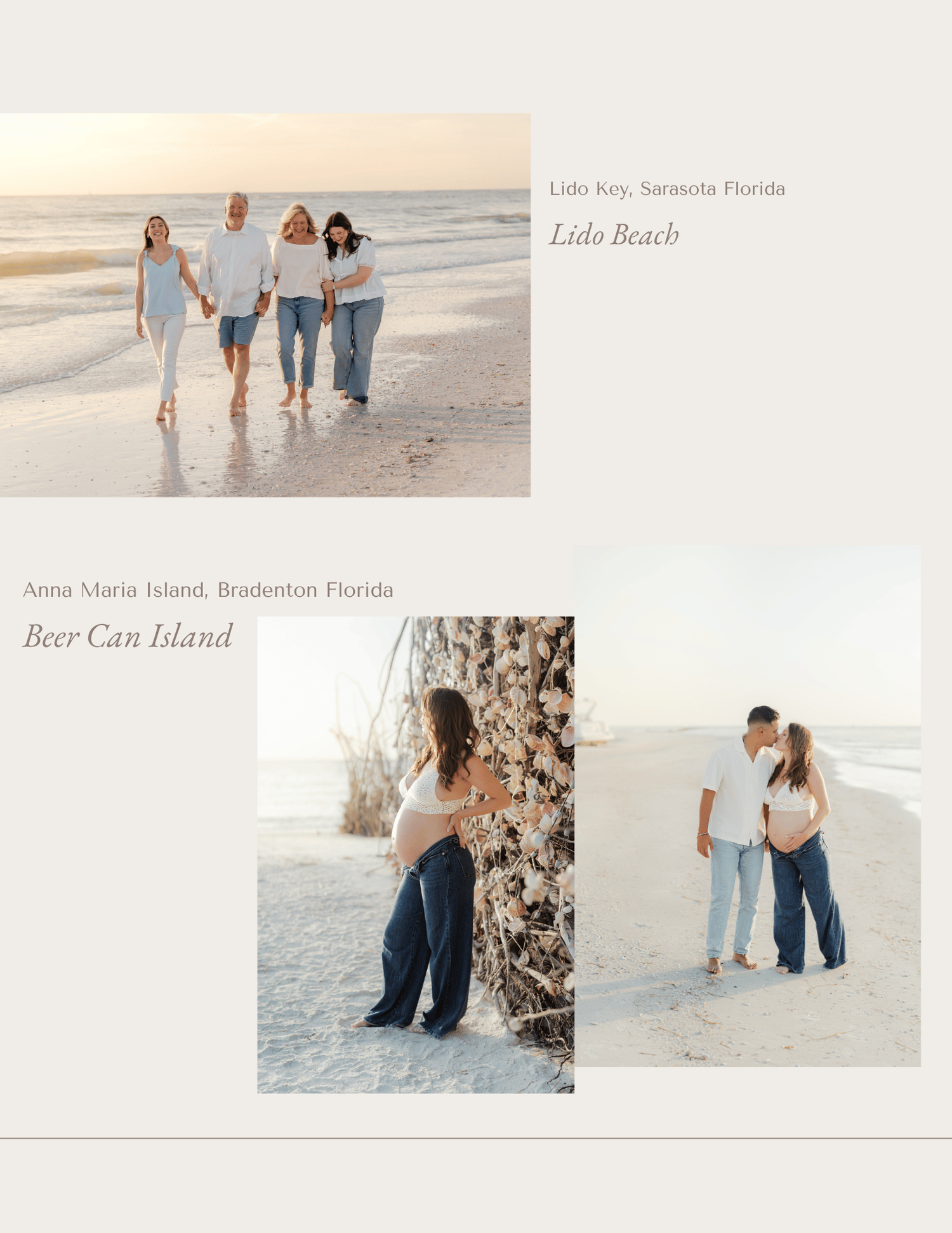 Family walking on Lido Beach Sarasota Florida with couple posing at Beer Can Island Anna Maria Island Bradenton Florida.