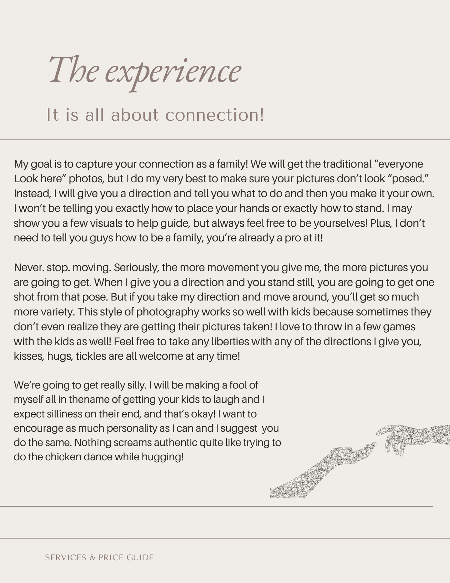 A family photography services and price guide page titled The Experience with elegant script font on a white background.