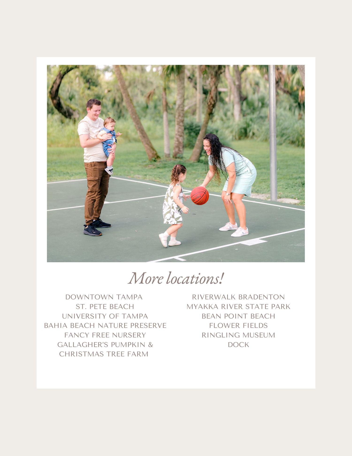 A family of four plays basketball outdoors, with parents and two young children on a court surrounded by green trees.