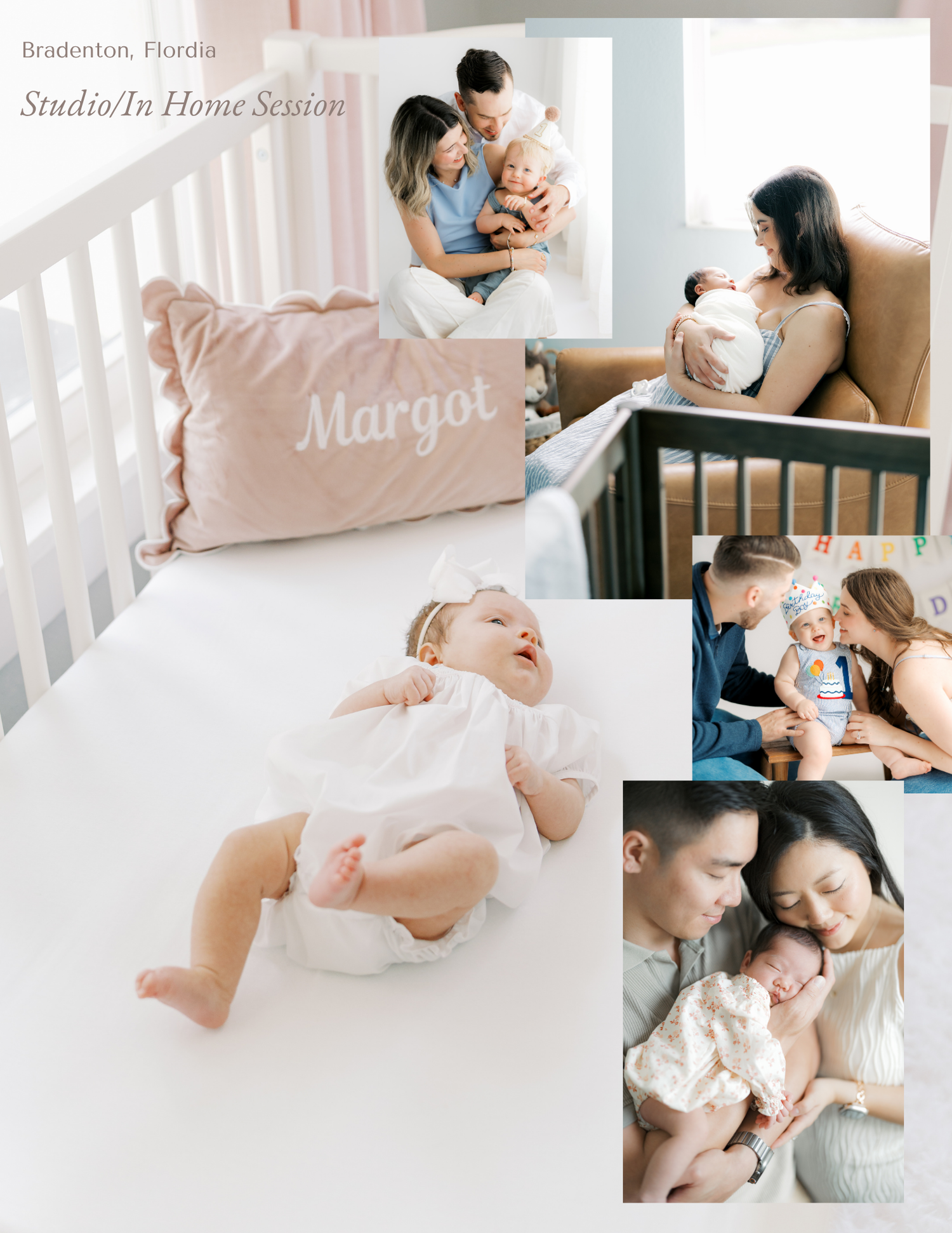 Newborn family photo collage featuring baby Margot in a Bradenton Florida studio and in-home session with soft pink nursery decor.