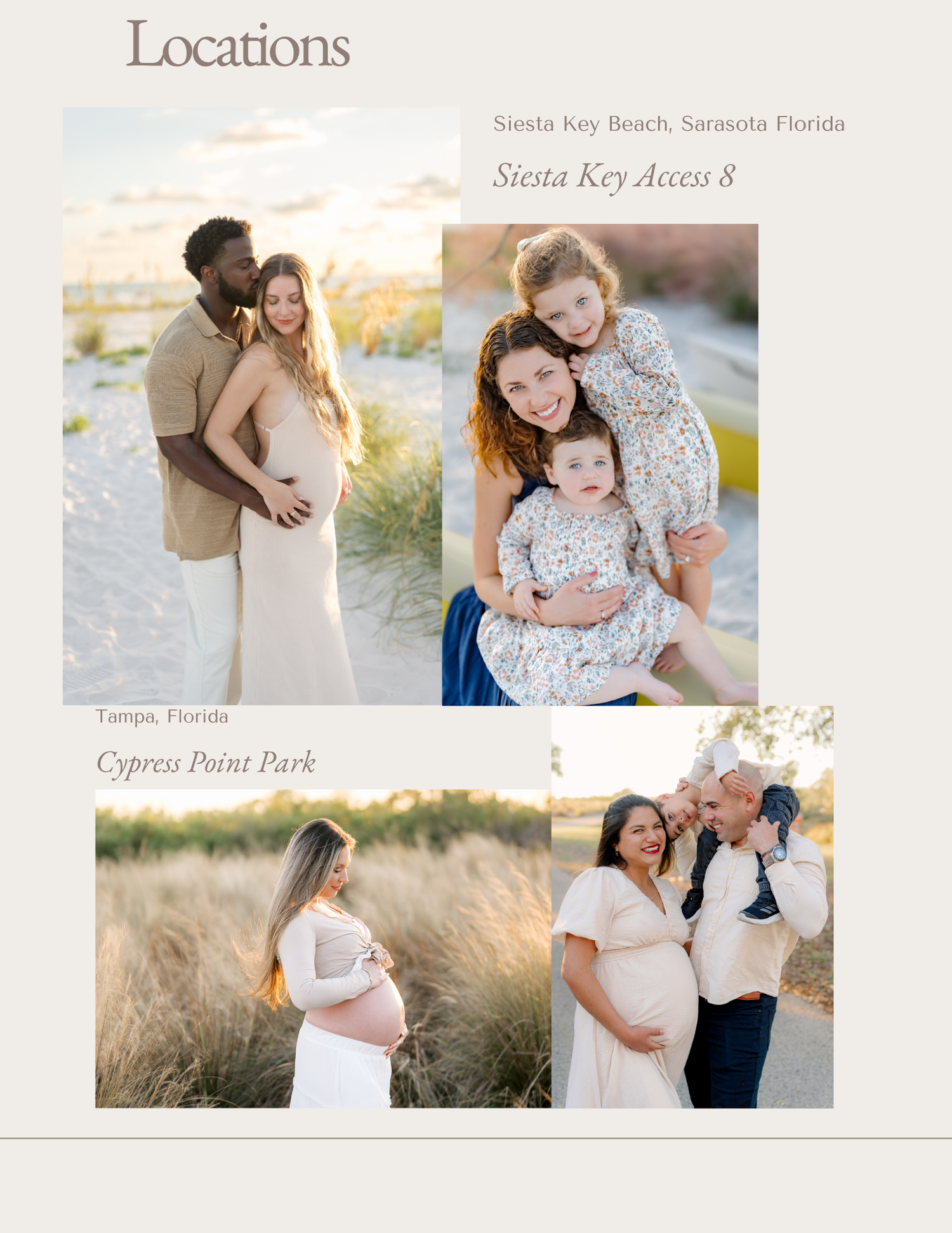Maternity photo collage at Siesta Key Beach and Cypress Point Park in Florida featuring couples and families in soft, elegant outfits.