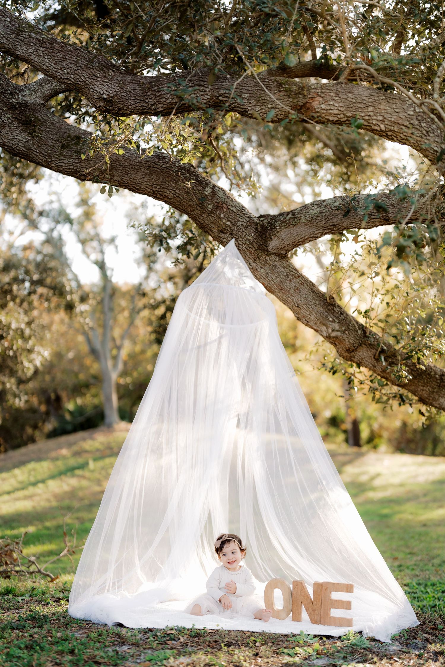 White flowy fabric draped between tree branches creates a dreamy outdoor canopy setting with a rustic ONE sign.