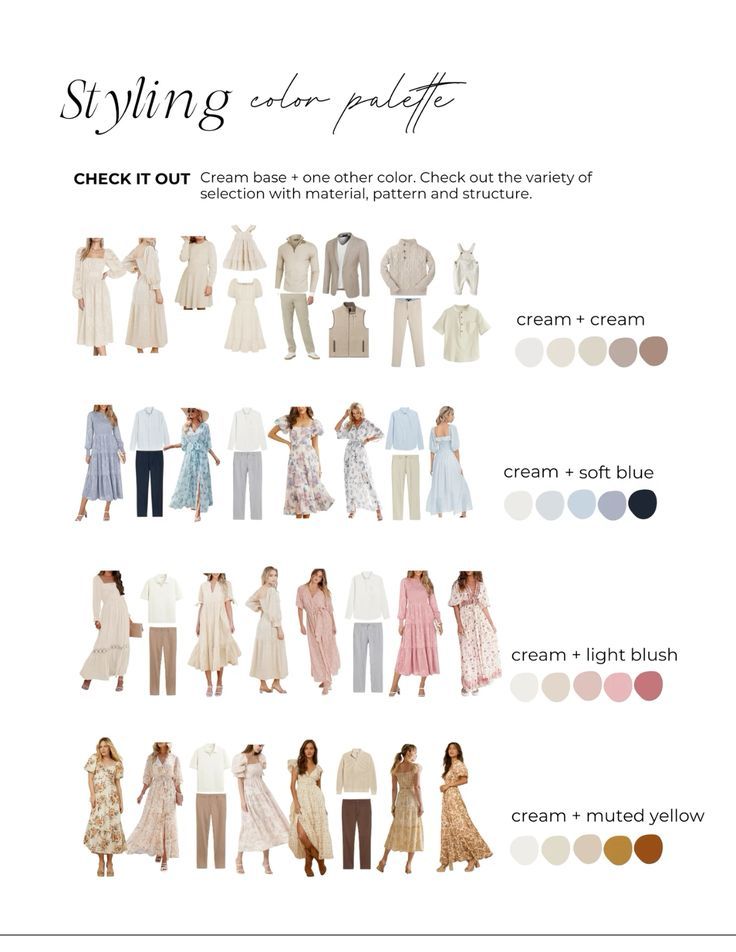Fashion styling guide showing neutral color palette combinations with cream, soft blue, blush and muted yellow tones.