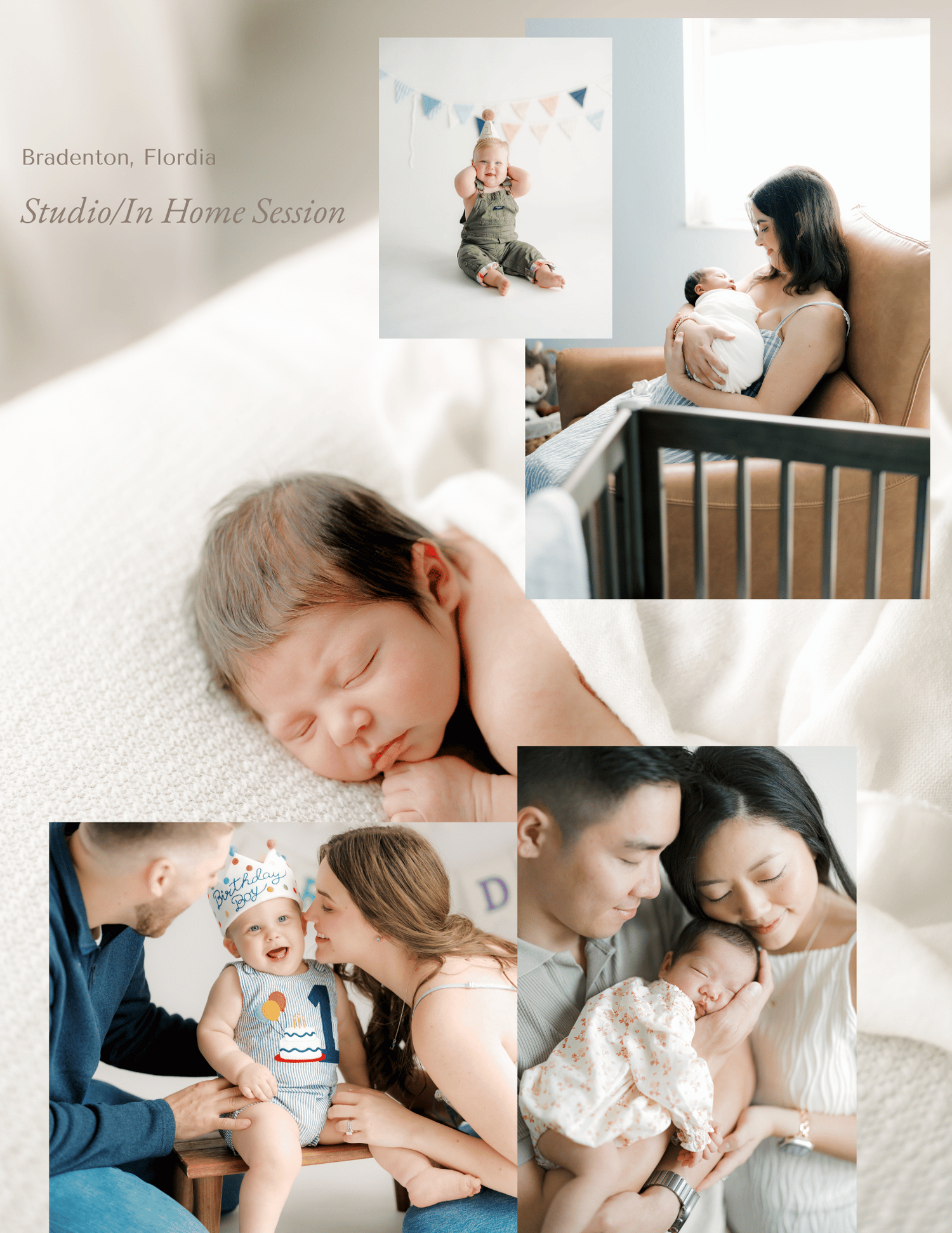 Newborn photography collage featuring sleeping baby, family portraits, and studio sessions in Bradenton, Florida.