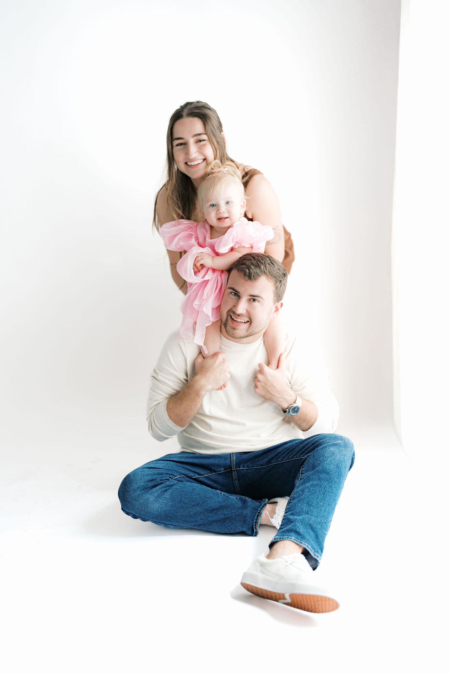 Three playful lifestyle photos against white background showing joyful interaction between parent and child.