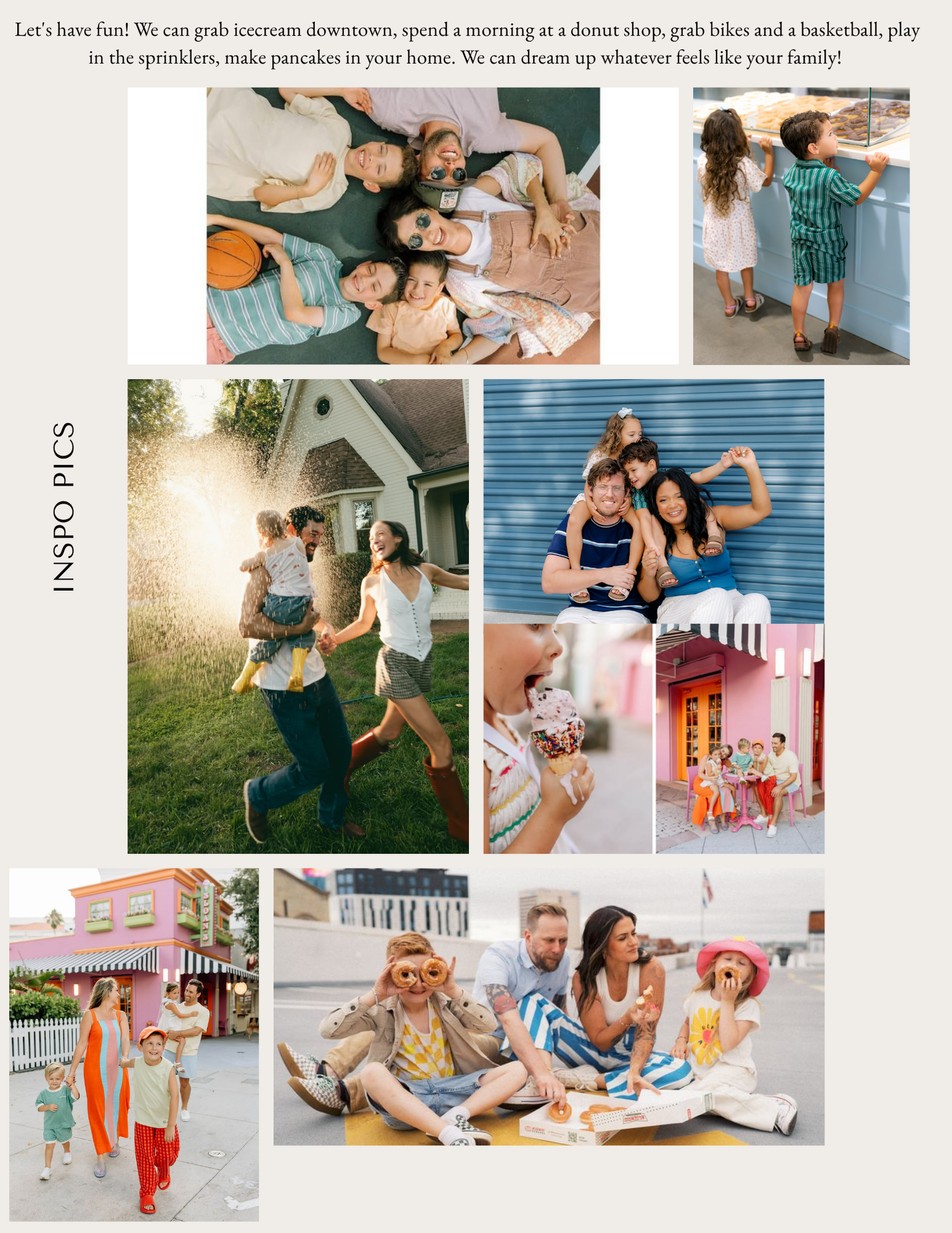 Collage of joyful family lifestyle photography sessions featuring kids and parents playing outdoors, eating ice cream, and having fun.