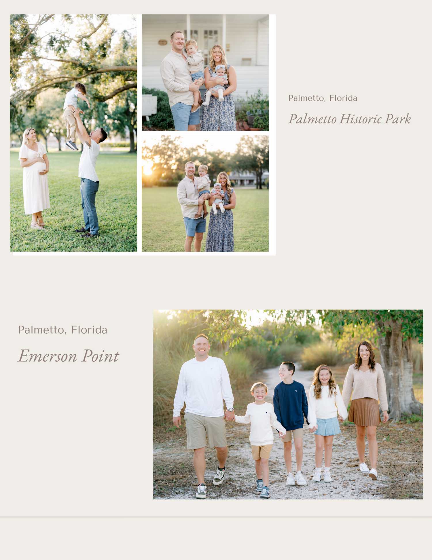 Family portrait session at Palmetto Historic Park and Emerson Point, Florida, featuring families posing outdoors.