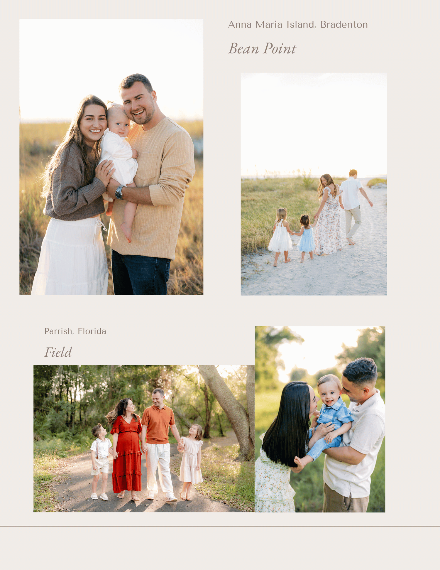 Family photo collage at Bean Point, Anna Maria Island and a field in Parrish, Florida, featuring outdoor portraits.