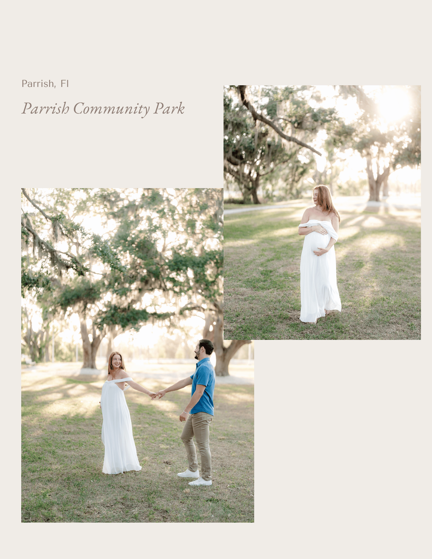 Pregnant woman in white dress poses with partner at Parrish Community Park, FL, surrounded by oak trees.