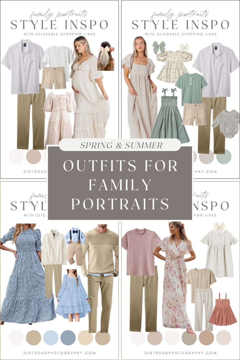 Collage of coordinated family portrait outfit inspiration in neutral beige, blue and white tones for spring and summer photos.