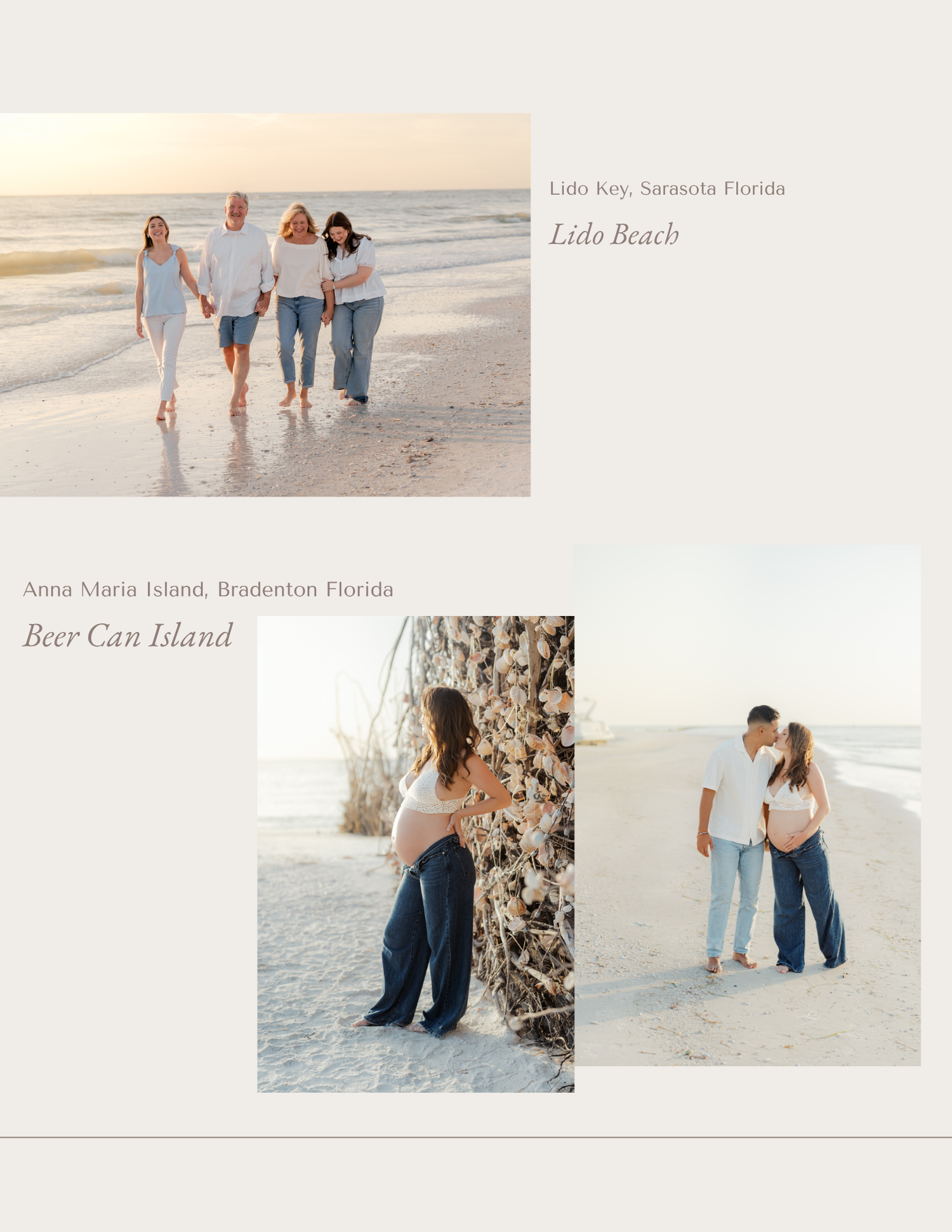 Family walking on Lido Beach Sarasota Florida and couple posing at Beer Can Island Anna Maria Island Bradenton Florida.